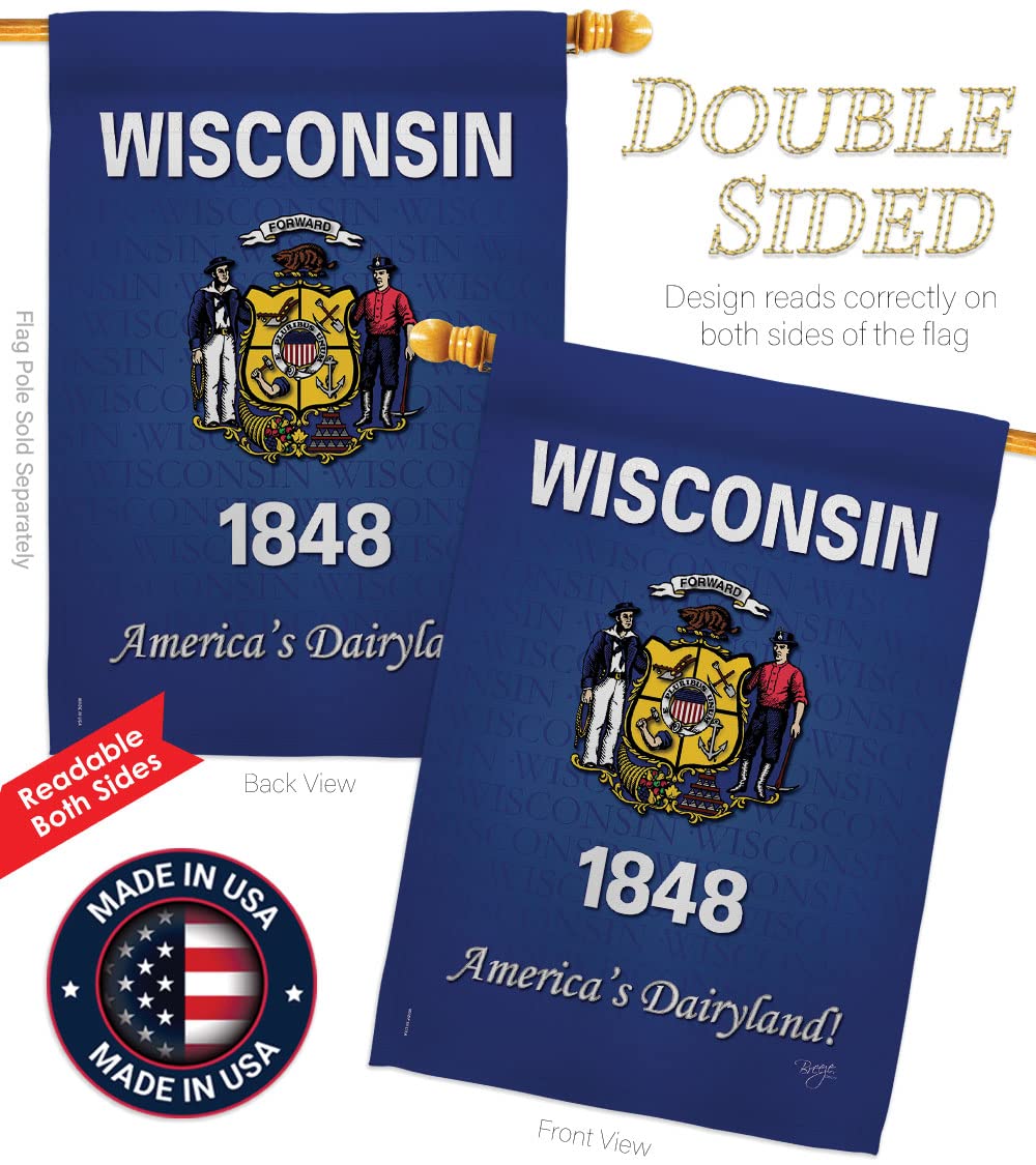 Wisconsin Americana House Flag Set - 28x40 Inch w/Flagpole for Outdoor Decor