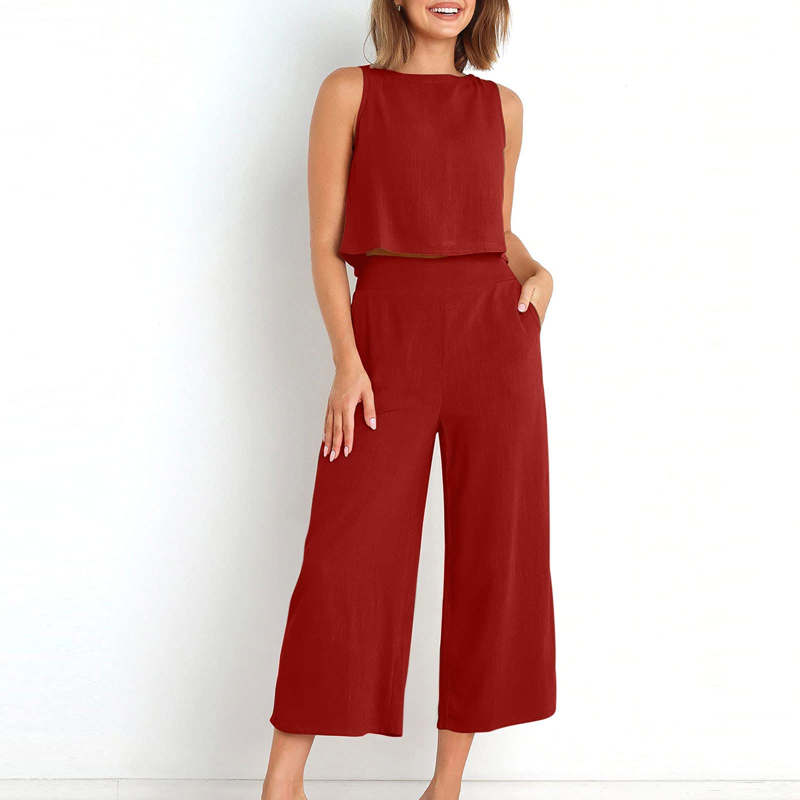 AMhomely Women's 2-Piece Cotton Linen Outfit - Sleeveless Vest Top & Wide Leg Pants Set with Button Back & Pocket | Elegant Matching Trouser Suits for Work, Office, and Summer Casual Wear
