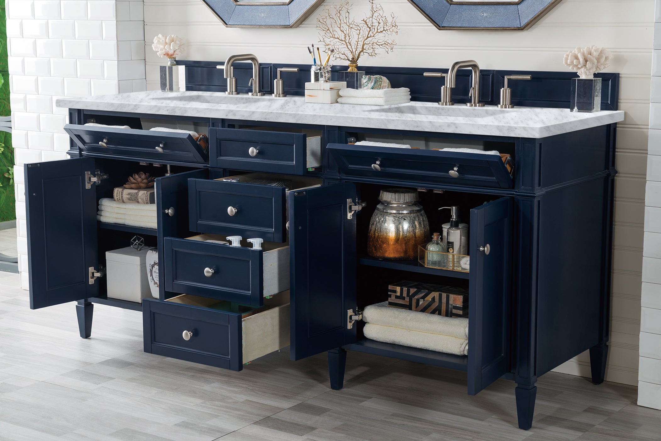 Brittany 72 Inch Victory Blue Double Vanity with 3CM Carrara Marble Top - Perfect for Modern Bathroom Renovation & Luxury Home Decor