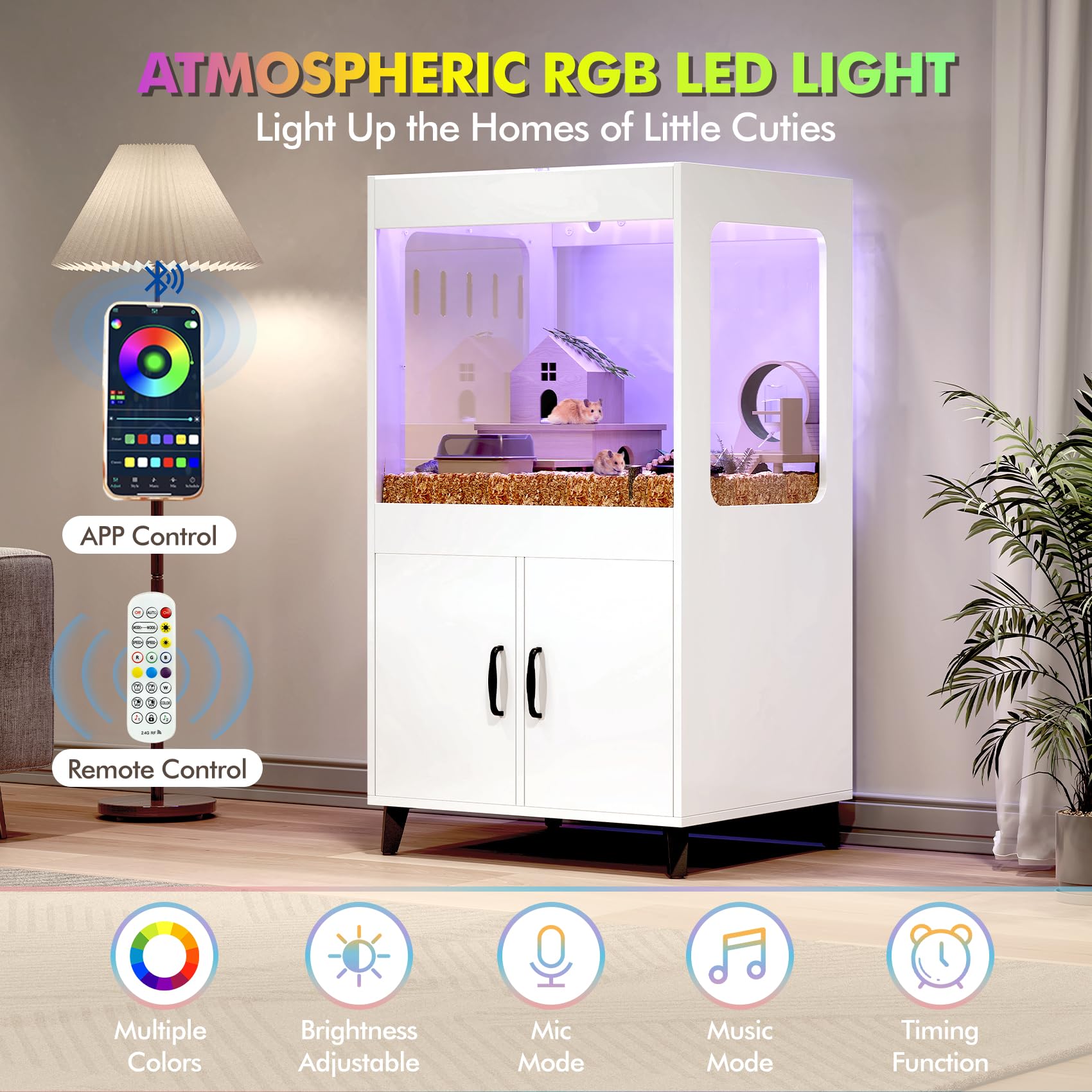 Large Hamster Cage with LED Lights & 360° View Acrylic Panels - Spacious Small Animal Habitat with Storage Cabinet for Guinea Pigs, Rats, Hedgehogs, Ferrets - Perfect for Pet Playtime & Home Decor