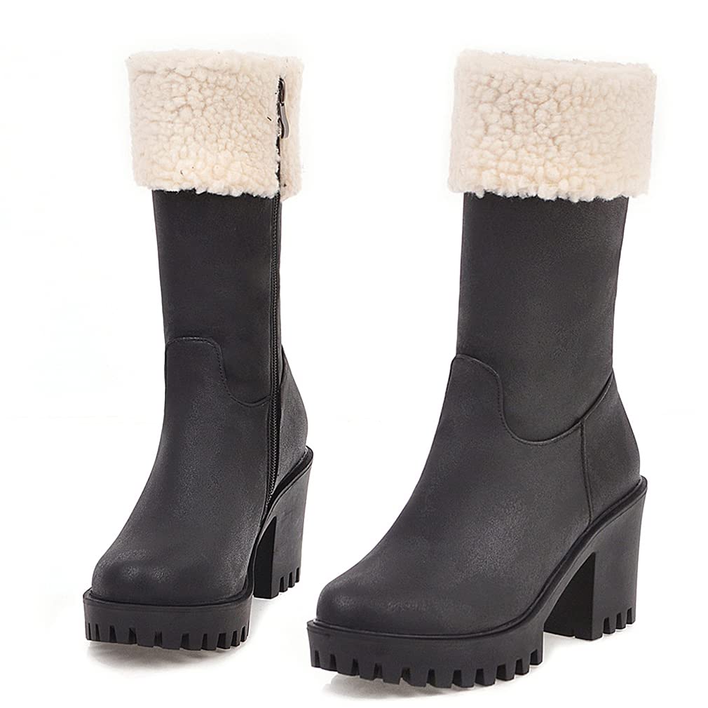 SO SIMPOK Women's Winter Snow Boots with Side Zipper - Warm Ankle Boots Suede Chunky Block Heel Round Toe Faux Fur Lined - Waterproof Outdoor Mid Calf Boots for Snowy Weather, Hiking & Casual Winter Wear