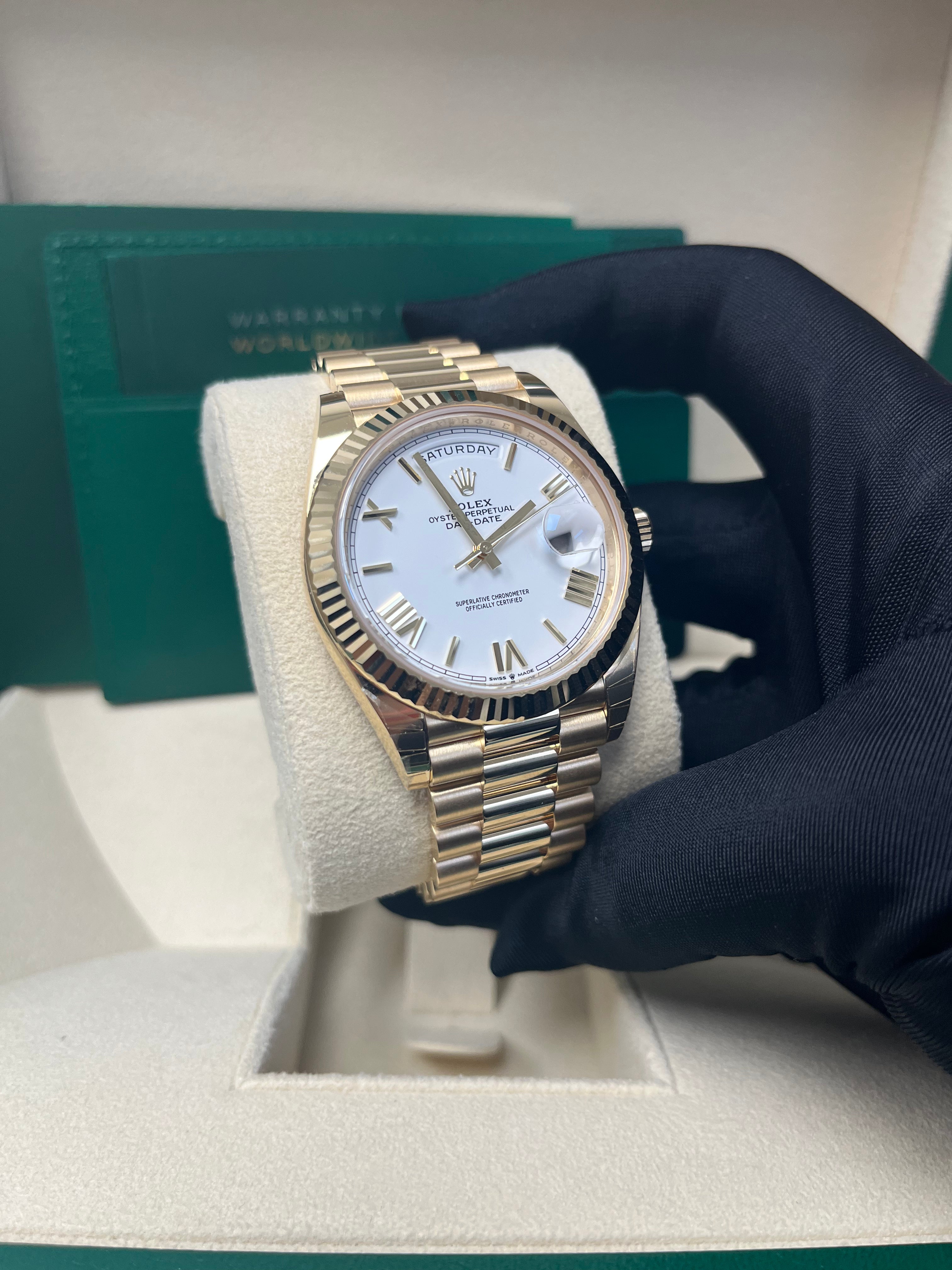 Rolex Day Date 40mm Men's Watch - 18K Yellow Gold, White Roman Dial, Fluted Bezel (Ref# 228238) | Luxury Dress Watch for Business & Formal Occasions