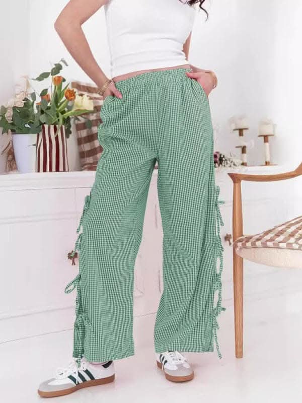Stylish Women's Plaid Strappy Trousers - Trendy High-Waist Wide Leg Pants for Casual Outfits & Office Wear