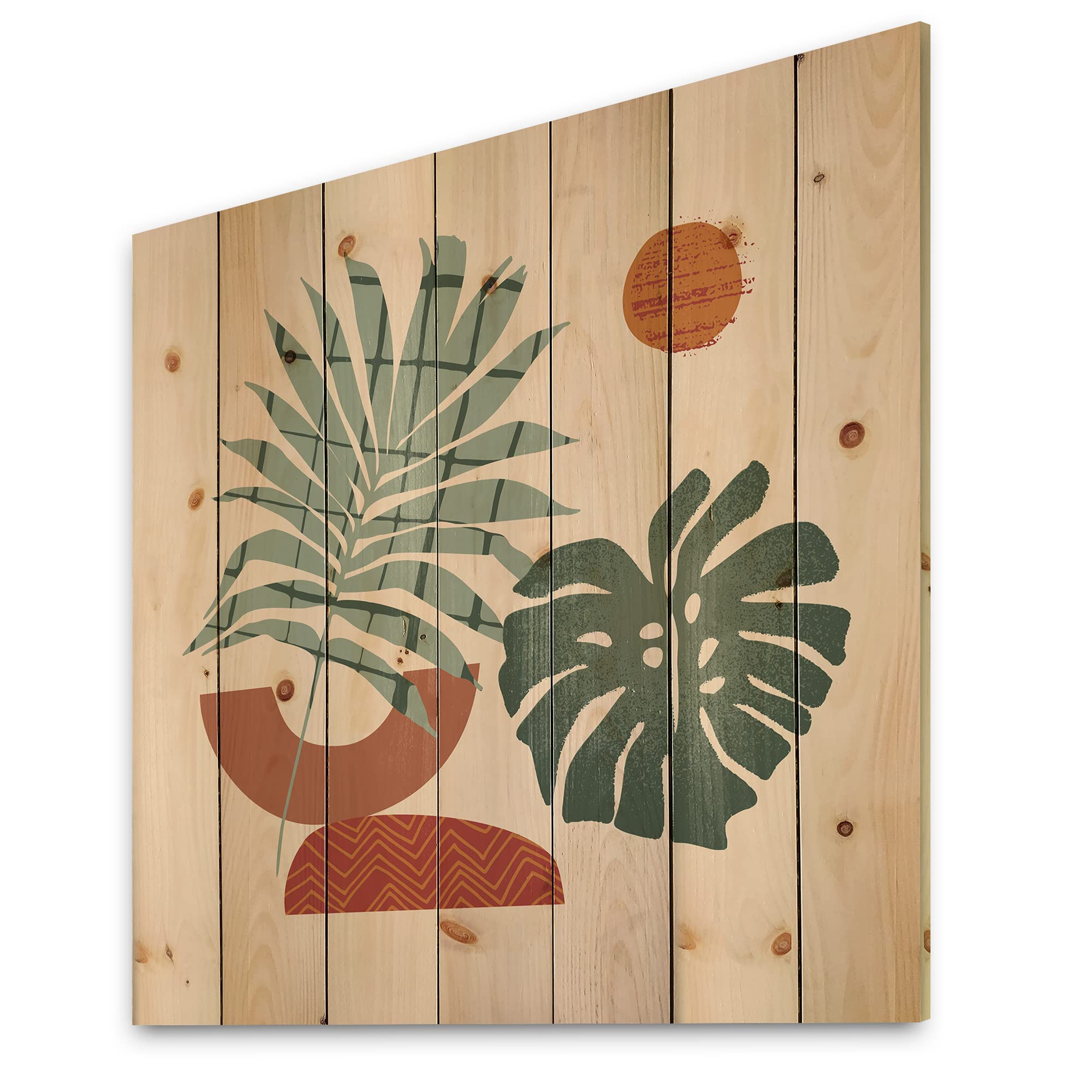 Retro Green & Terracotta Moon & Sun Wood Wall Art - Modern Abstract Pine Wood Wall Decor Panels - Large Contemporary Home Decor for Living Room, Bedroom & Office