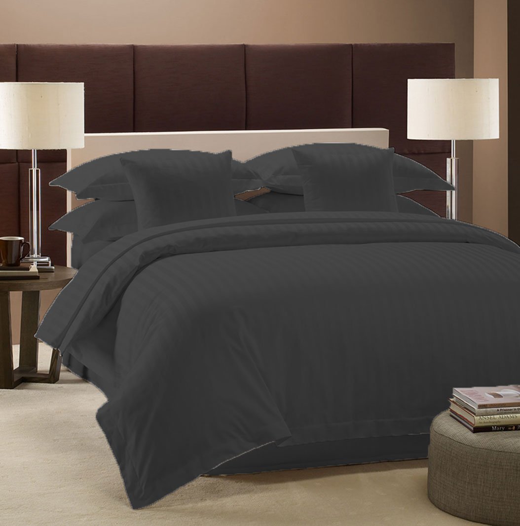 Premium 100% Egyptian Cotton 500 Thread Count Queen Size Duvet Cover Set with Fitted Sheet - Luxury Striped Gray Bedding for Master Bedroom & Guest Room