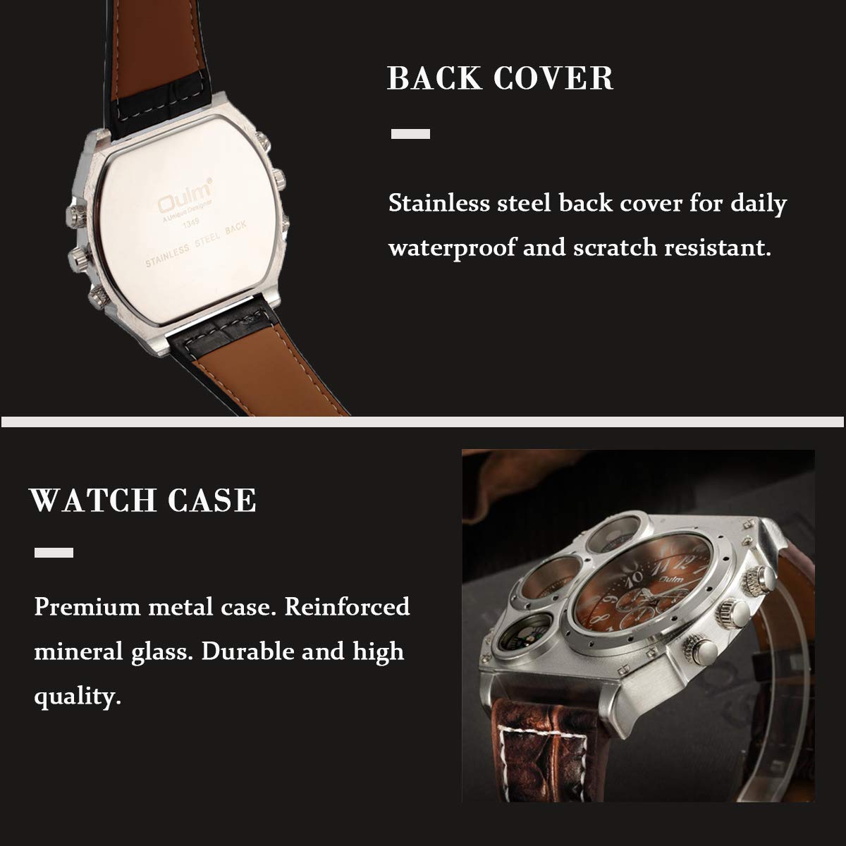 **Men's Military Wrist Watch - Large Face, Dual Time Zone, Brown Leather Strap, Analog Display - Perfect for Outdoor Adventures, Travel & Casual Wear**