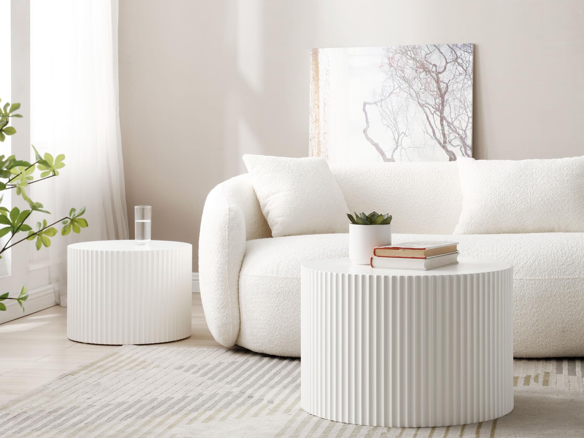 HMFULE 2-Piece Round Nesting Coffee Table Set - Modern Drum Cocktail & End Table for Living Room, Bedroom, Office - Matte White Finish - Space Saving Design for Small Spaces