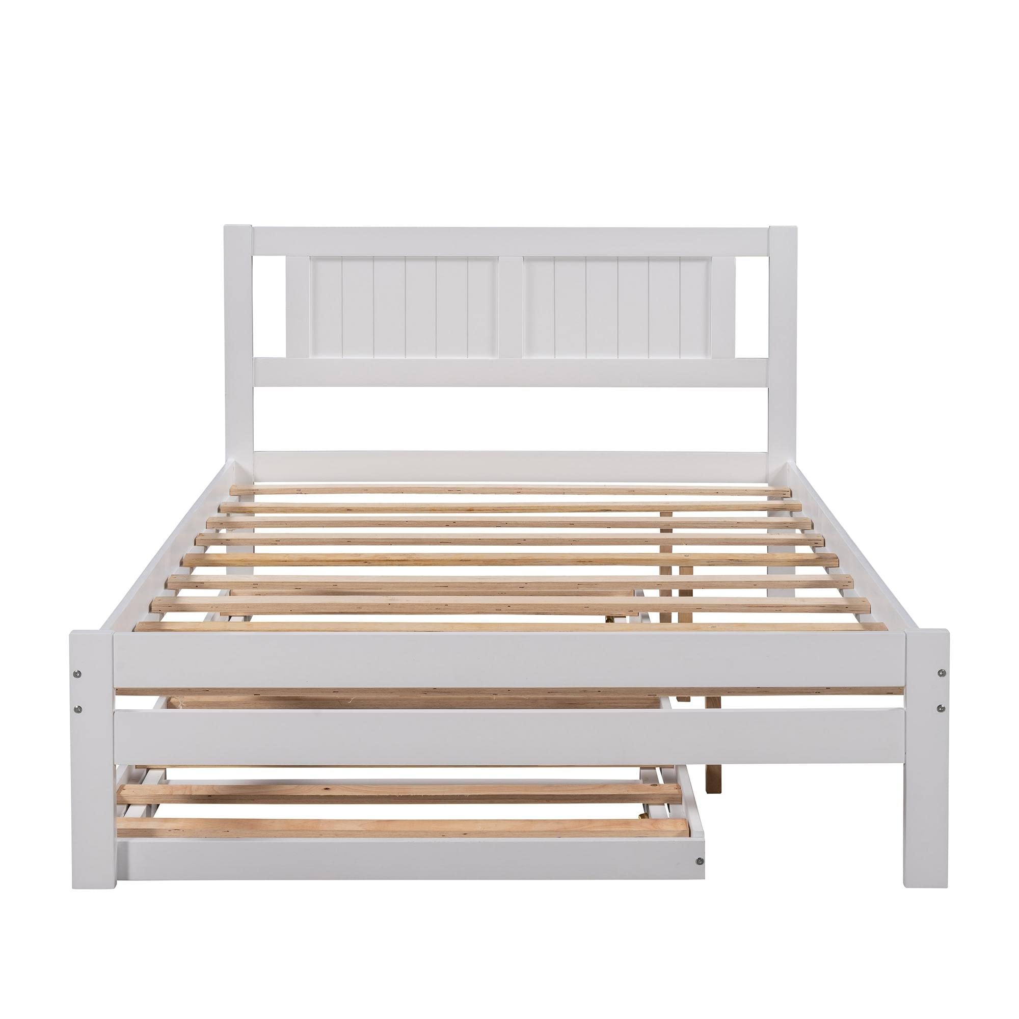 JINS&VICO White Full Size Wooden Platform Bed with Headboard & Trundle Set - Wood Slat Support, Easy Assembly - Perfect for Guest Rooms, Kids' Bedrooms & Small Spaces