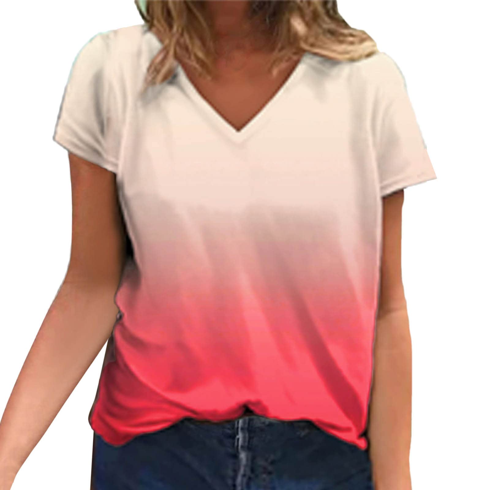 Women's Casual Short Sleeve Loose Fit V-Neck Gradient Color T-Shirt - Summer Blouse Top for Everyday Wear, Outings & Relaxation