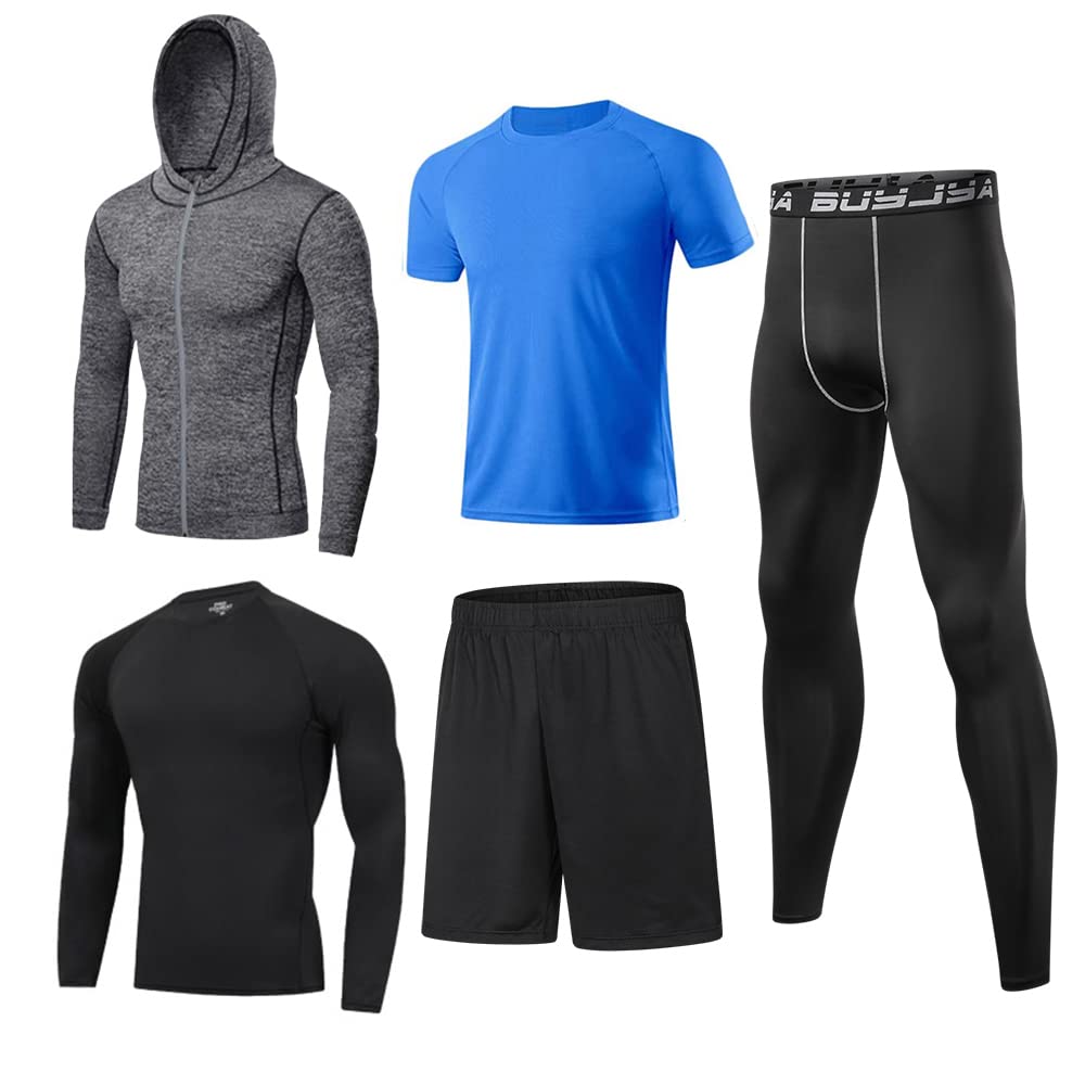 BUYJYA 5-Pack Men's Compression Workout Set - Long Sleeve Shirt & Pants for Gym, Running & Training | Moisture-Wicking Athletic Clothing for Valentine's Day Gifts & Fitness Enthusiasts | Perfect for HIIT, Yoga & Cold Weather Workouts