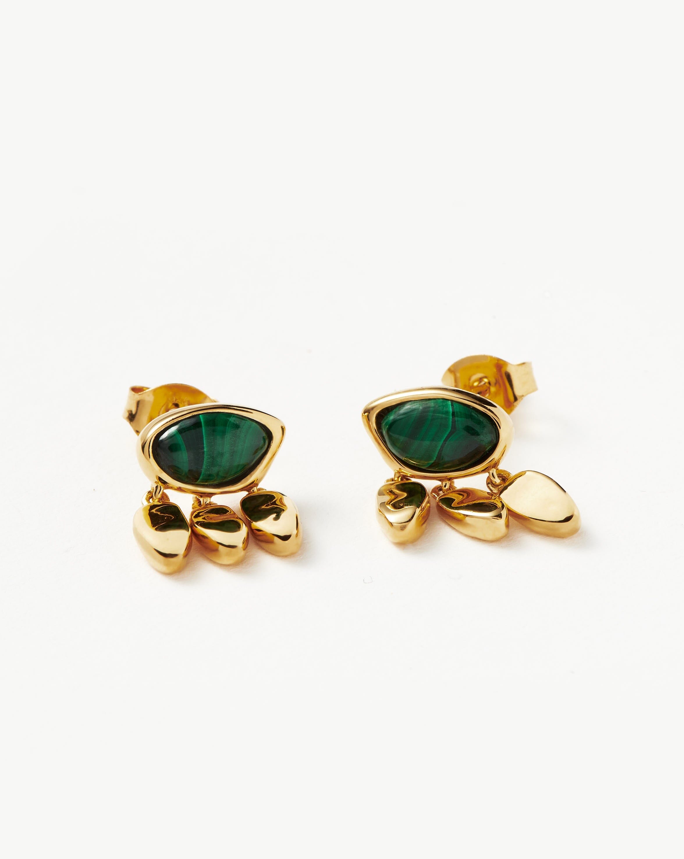 Molten Gemstone Charm Stud Earrings - 18k Gold Vermeil & Malachite | Elegant Jewelry for Women, Perfect for Parties, Weddings & Everyday Wear