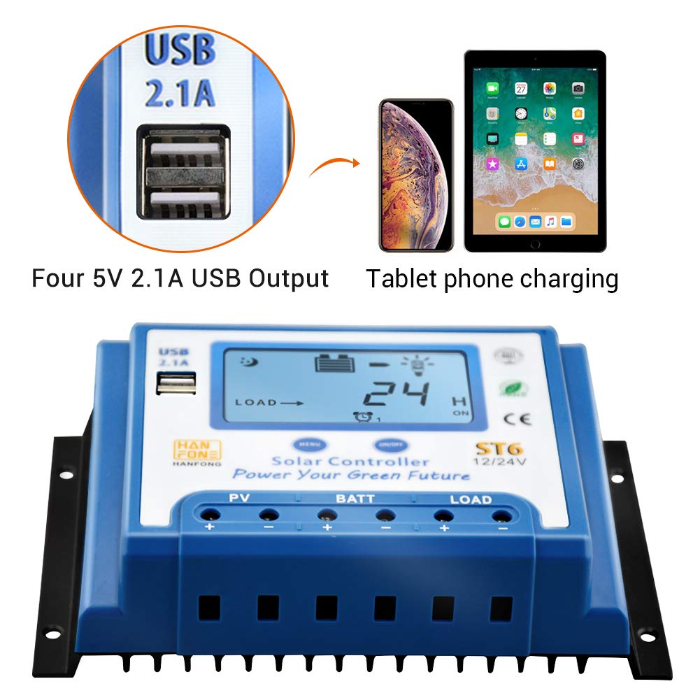 60A MPPT Solar Charge Controller 12V/24V Auto-Switch, Solar Panel Regulator with Dual 5V USB Ports & LCD Display - Perfect for RV, Boat, Off-Grid Power Systems & Solar Panel Kits