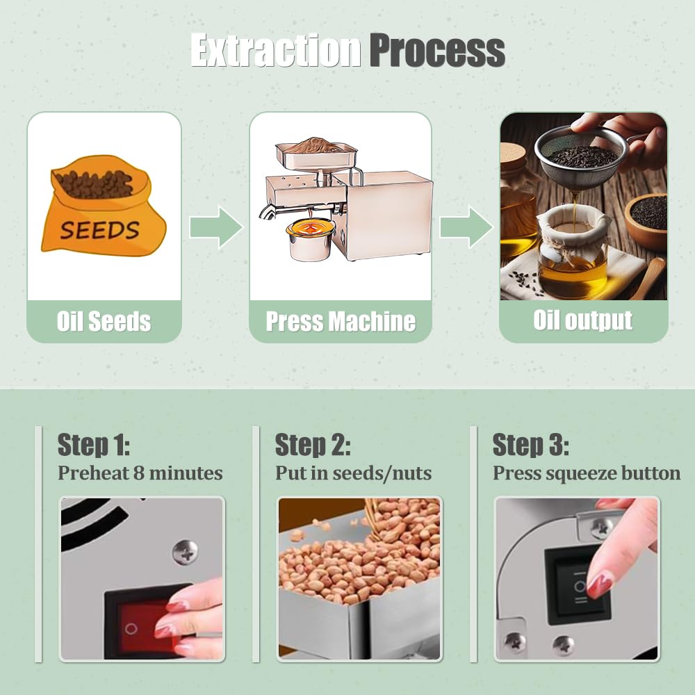 Electric Automatic Oil Press Machine 1500W - Commercial Grade for Avocado, Coconut, Flax, Peanut, Castor, Perilla, Canola & Sesame Oils - Perfect for Home Kitchens & Small Businesses