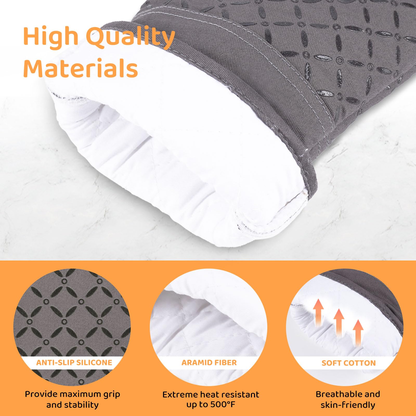 6Pcs Heat Resistant Oven Mitts and Pot Holders Set - 500°F Safe Baking Gloves with Soft Cotton Lining & Non-Slip Silicone Surface - Perfect for Cooking, Baking, BBQ and Kitchen Safety