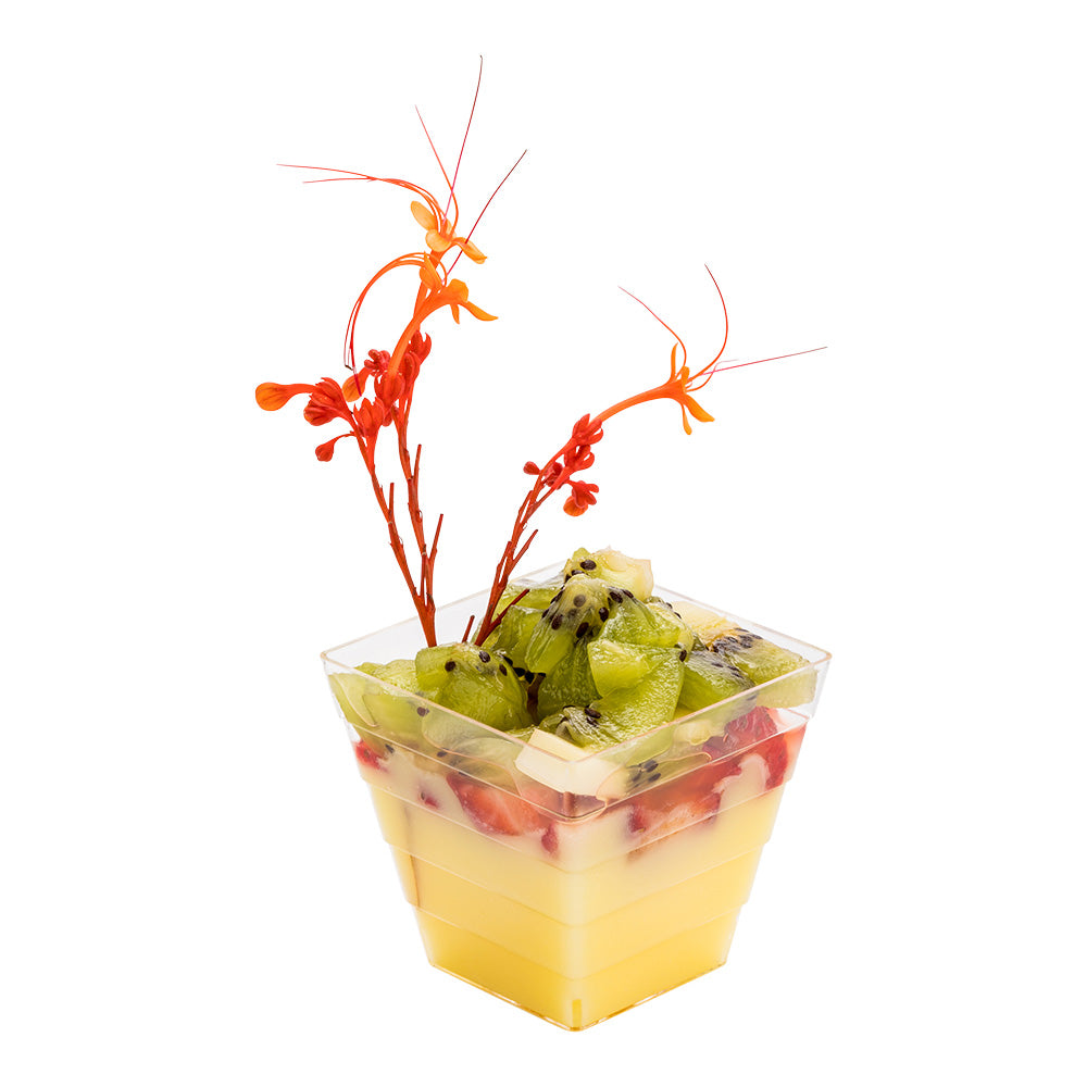 100 Pack 2 oz Square Clear Plastic Mini Apogee Kova Cups with 100 Silver Plastic Mini Forks - Perfect for Parties, Weddings, and Dessert Tastings
