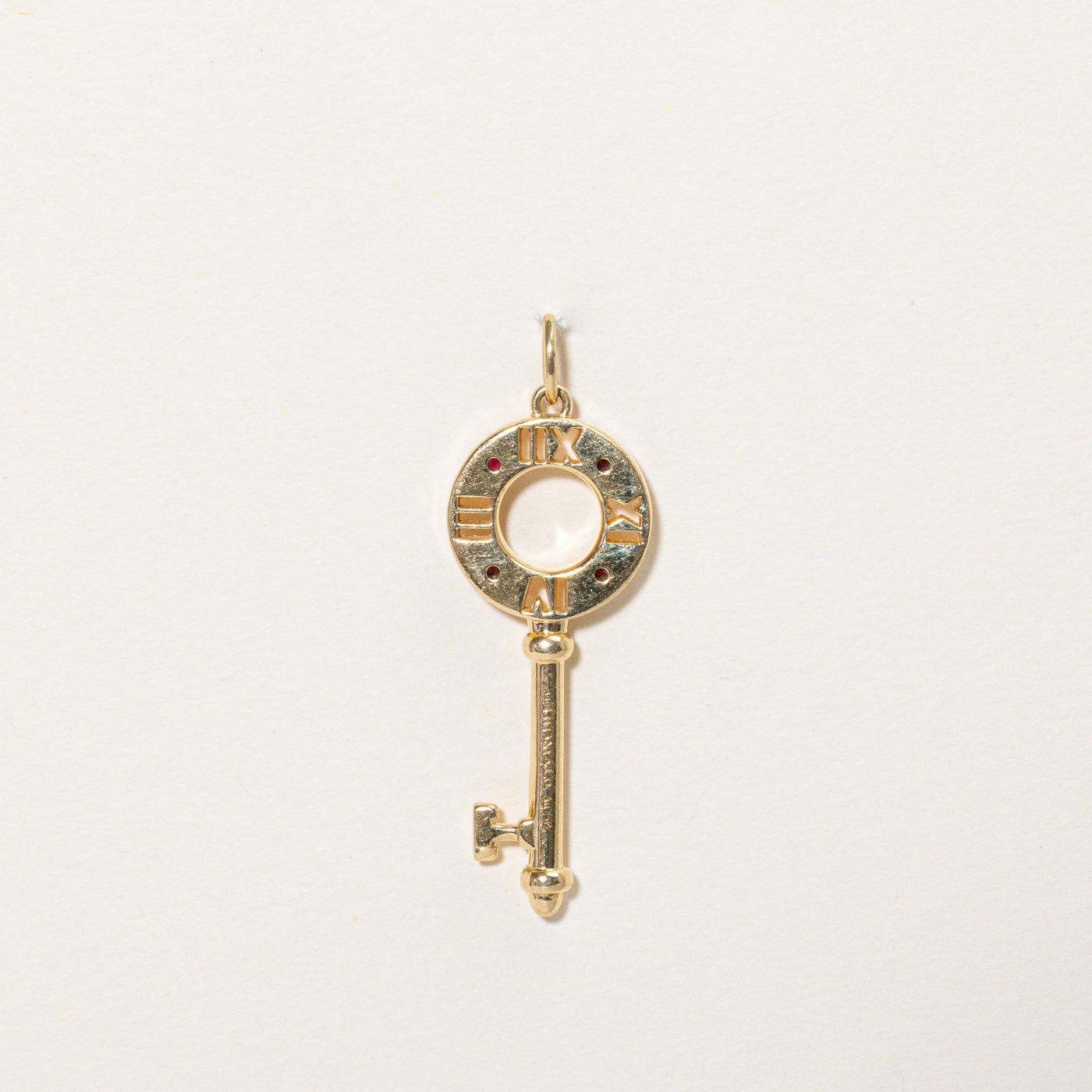 Tiffany & Co 18k Gold Atlas Pierced Key Pendant with Ruby | 0.01ctw | Elegant Jewelry for Women, Perfect Gift for Anniversary, Birthday & Special Occasions