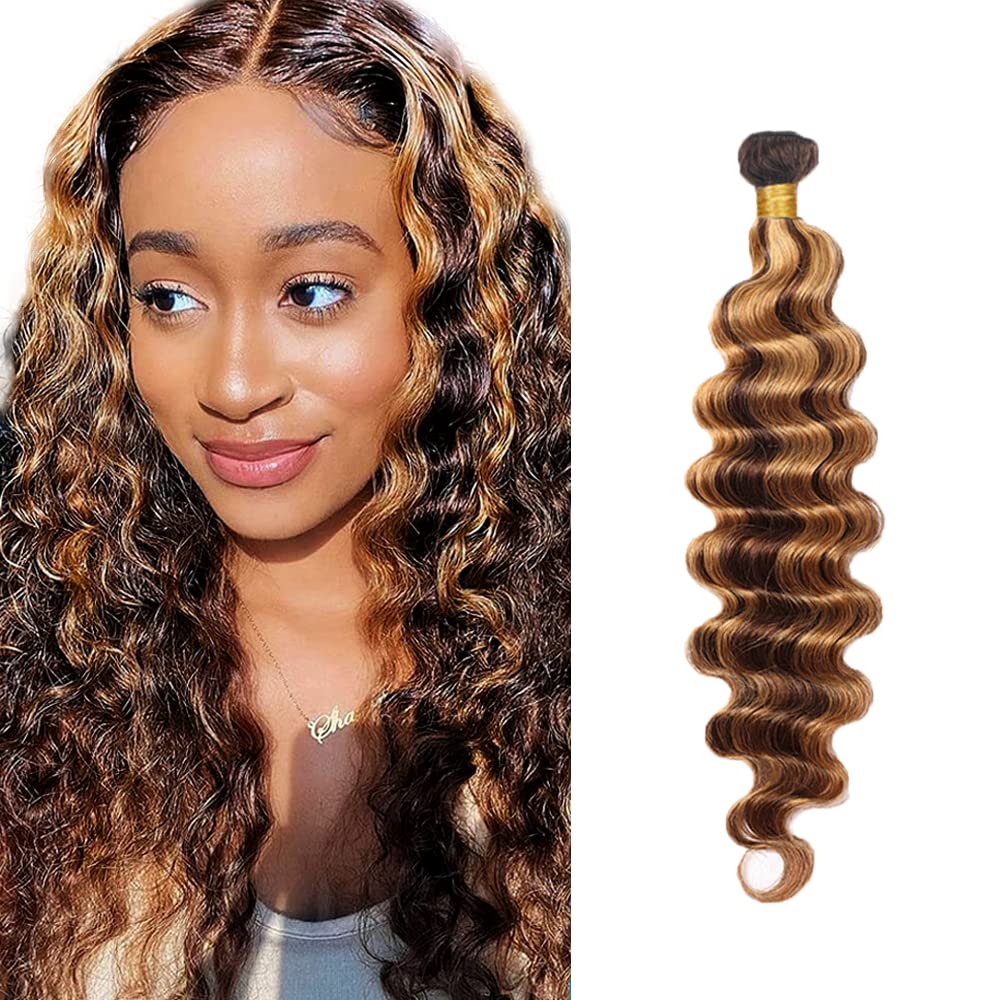 8 Inch Unprocessed Brazilian Virgin Remy Human Hair Extensions - Highlight Blonde & Brown Deep Wave 1 Bundle for Natural Look | Perfect for Daily Wear, Parties & Special Occasions