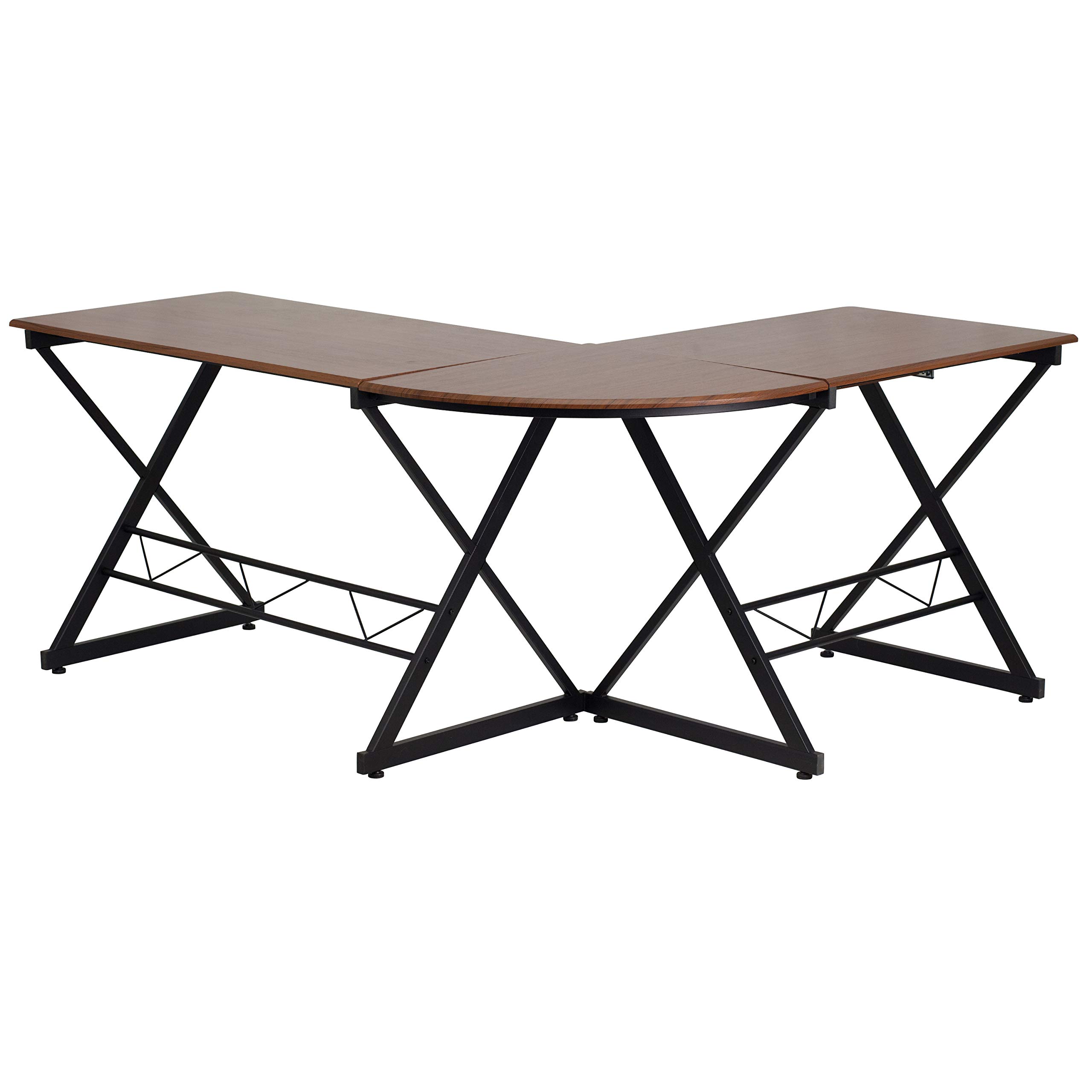 EMMA + OLIVER Teakwood Laminate L-Shape Computer Desk with Keyboard Tray - Modern Home Office Desk for Work & Study, Ergonomic Writing Desk with Storage Shelf for Small Spaces