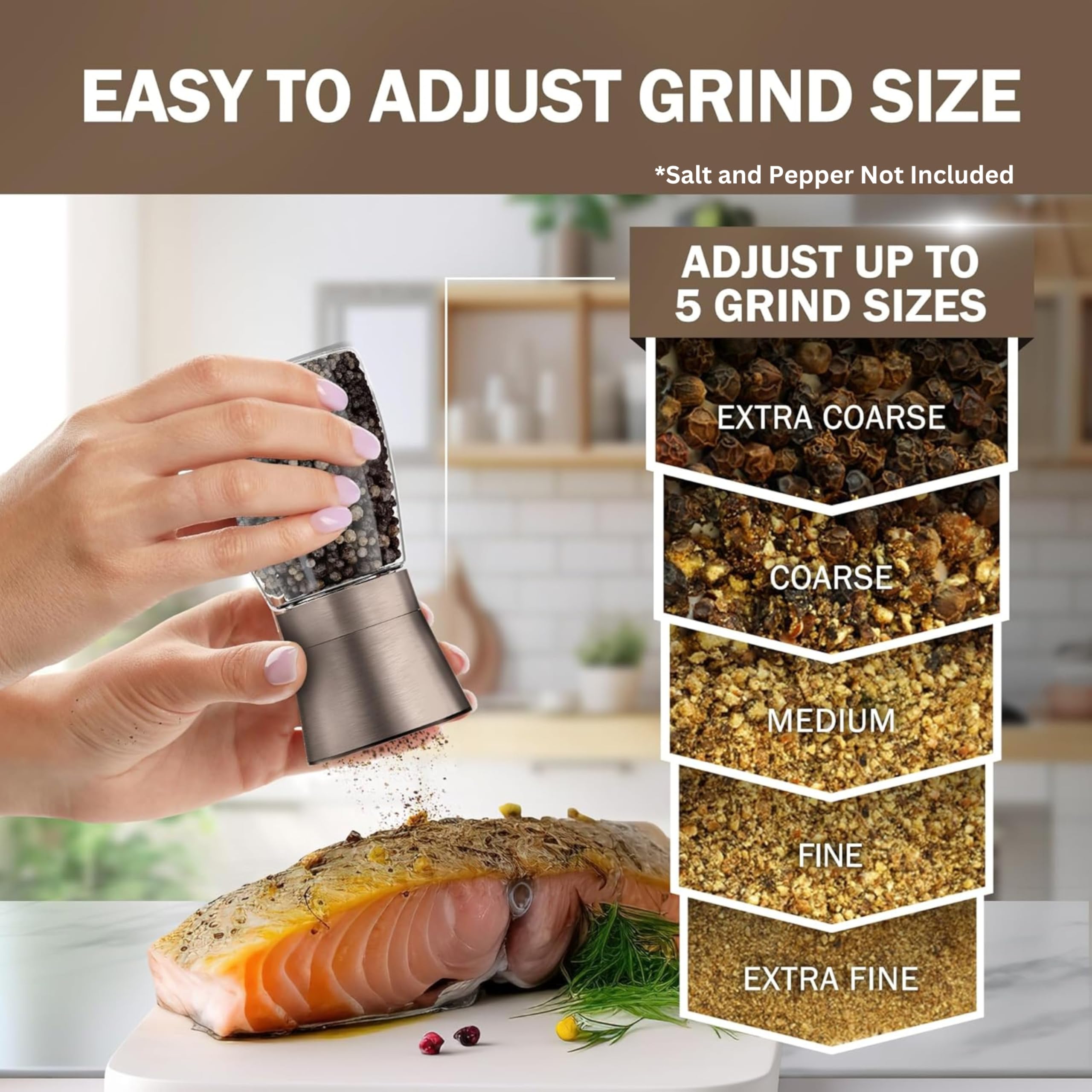Premium Gun Metal Bronze Salt and Pepper Grinder Set of 2 - Adjustable Ceramic Core Mill - Glass Spice Shakers with Funnel & Free Ebook - Elegant Kitchen Accessories for Cooking, Dining & Gifting
