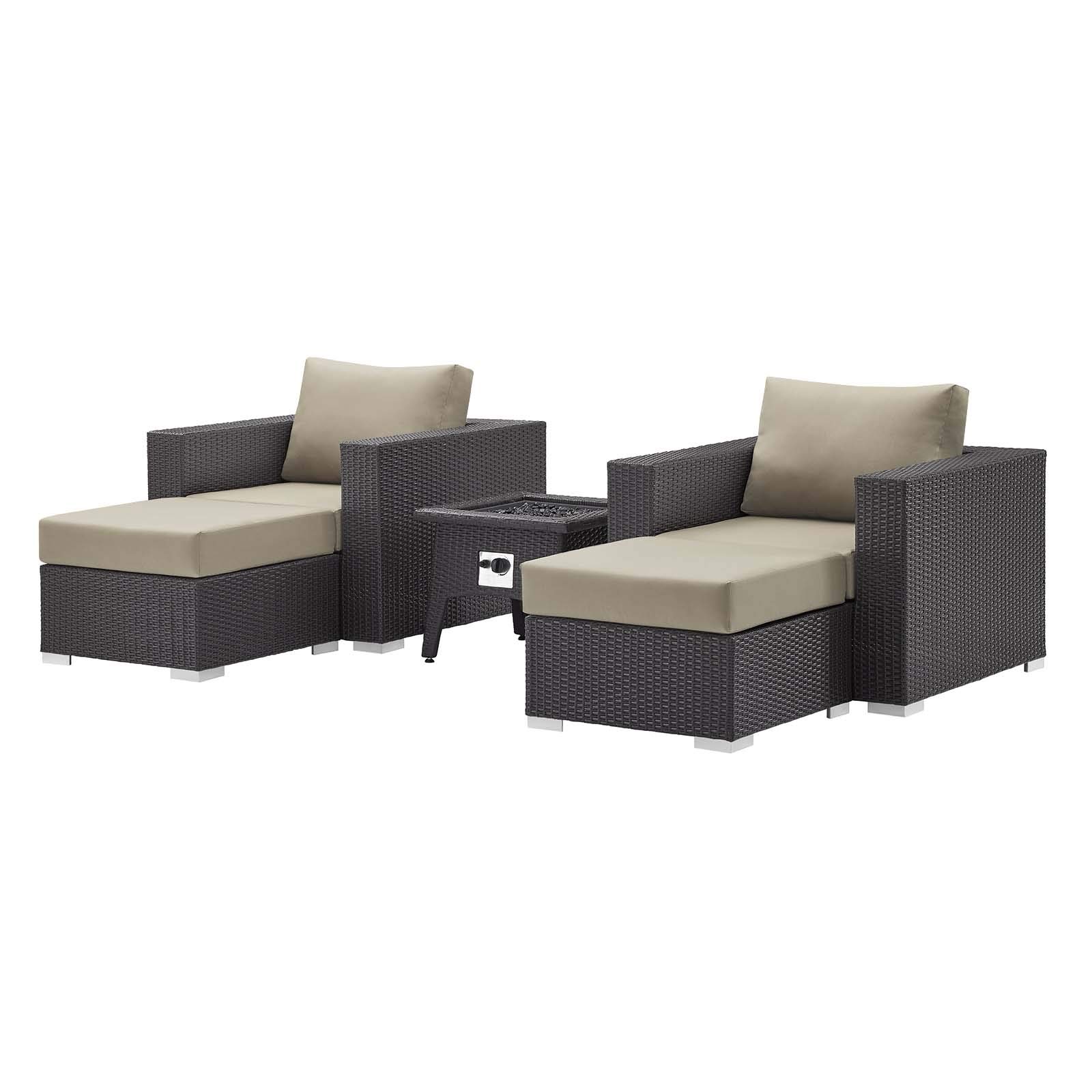 Modern Outdoor Patio Lounge Sofa Set with Chair, Coffee Table & Fire Pit - Beige Fabric Rattan Wicker for Backyard, Garden, and Poolside Relaxation
