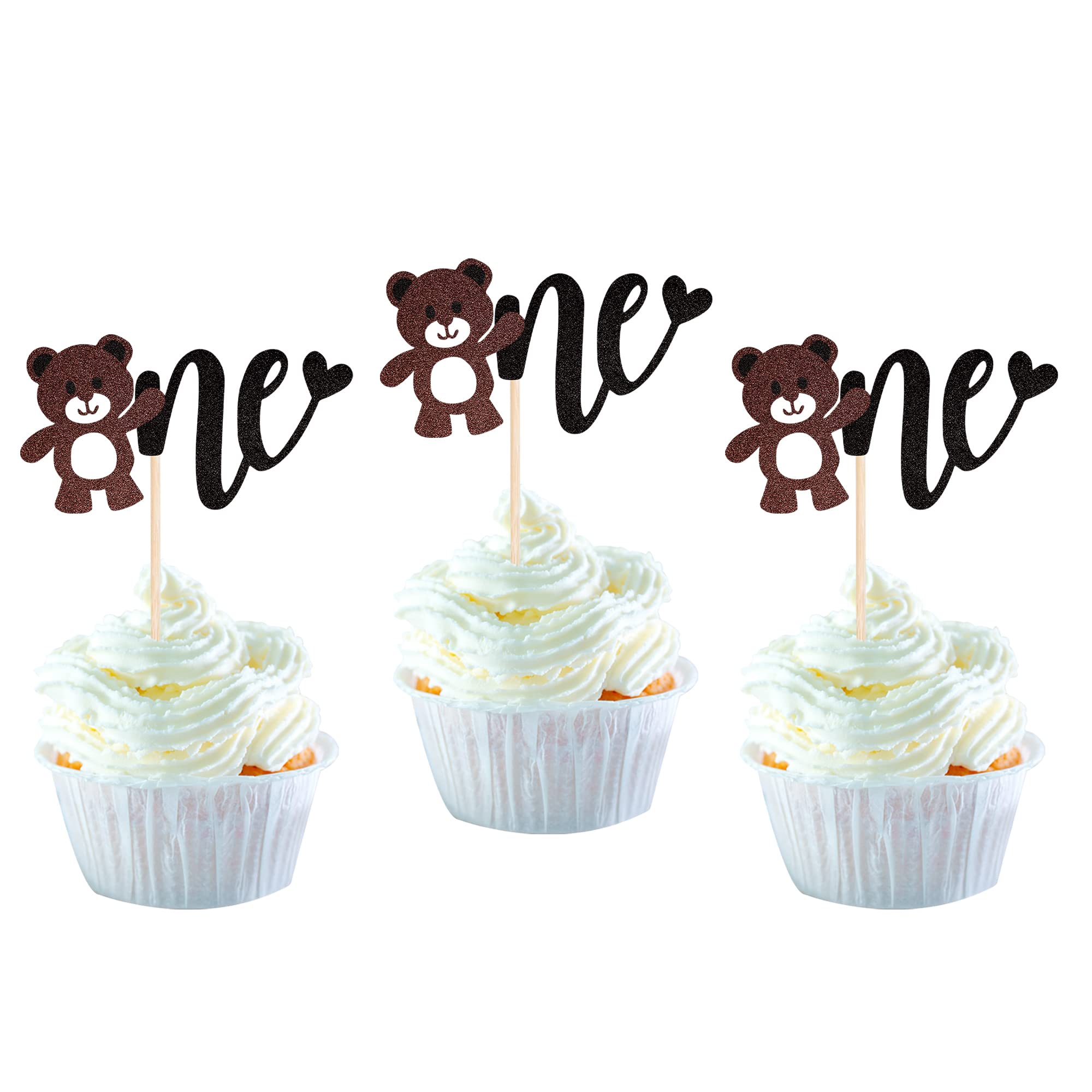 24 Pack Glitter Bear Cupcake Toppers - Baby First Birthday, Baby Shower Cake Decorations - 1st Birthday Party Supplies for Kids - Perfect for Birthday Cakes, Cupcakes, and Dessert Table Decorations
