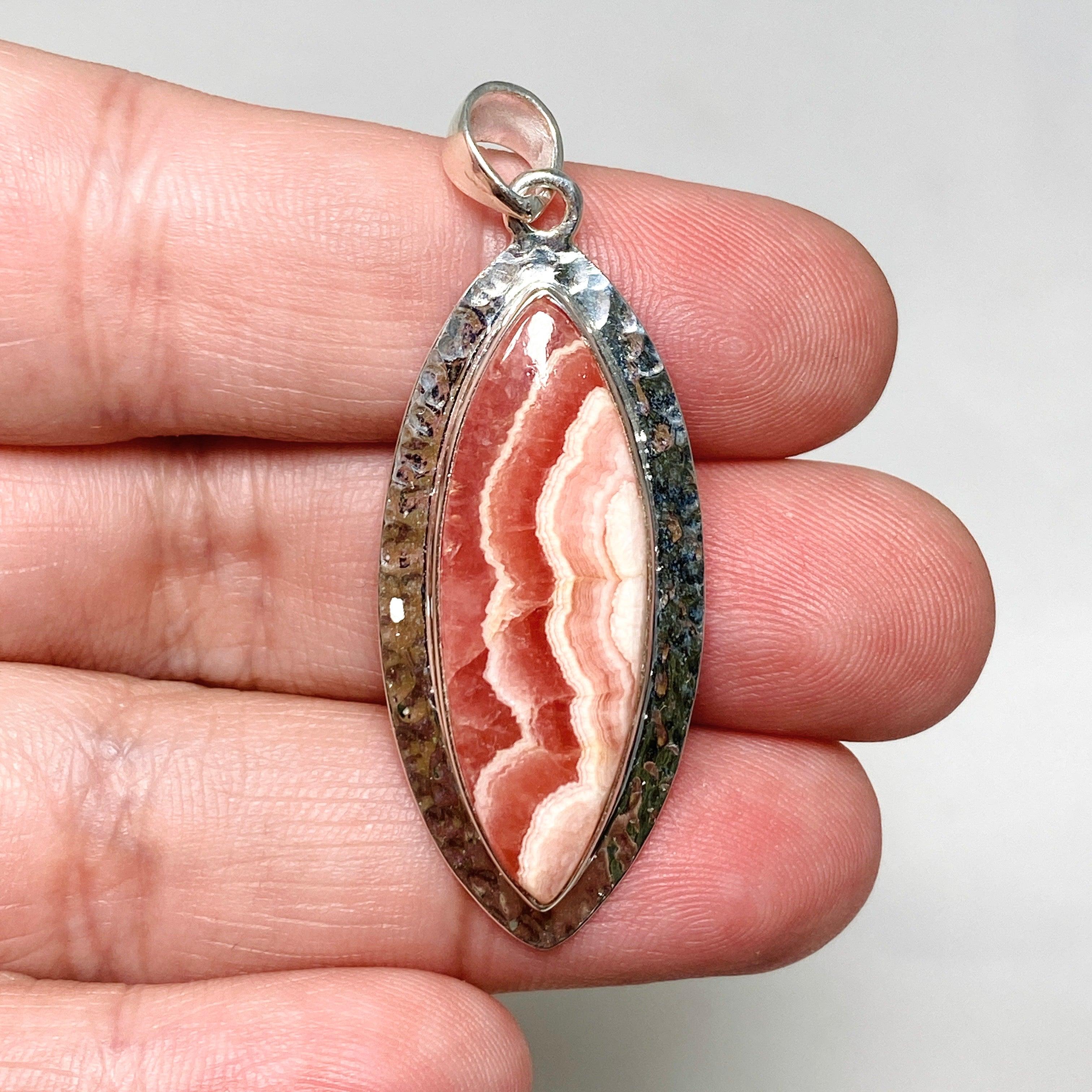 Rhodochrosite Marquise Pendant Necklace - Hammered Sterling Silver Setting KPGJ4331 | Elegant Jewelry Gift for Women, Perfect for Valentine's Day & Anniversary