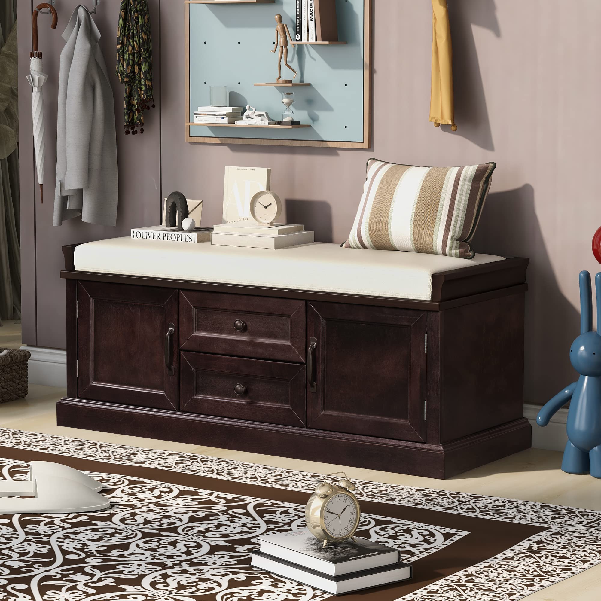 Solid Wood Storage Bench with Drawers & Cabinets - Entryway Shoe Bench for Living Room & Hallway