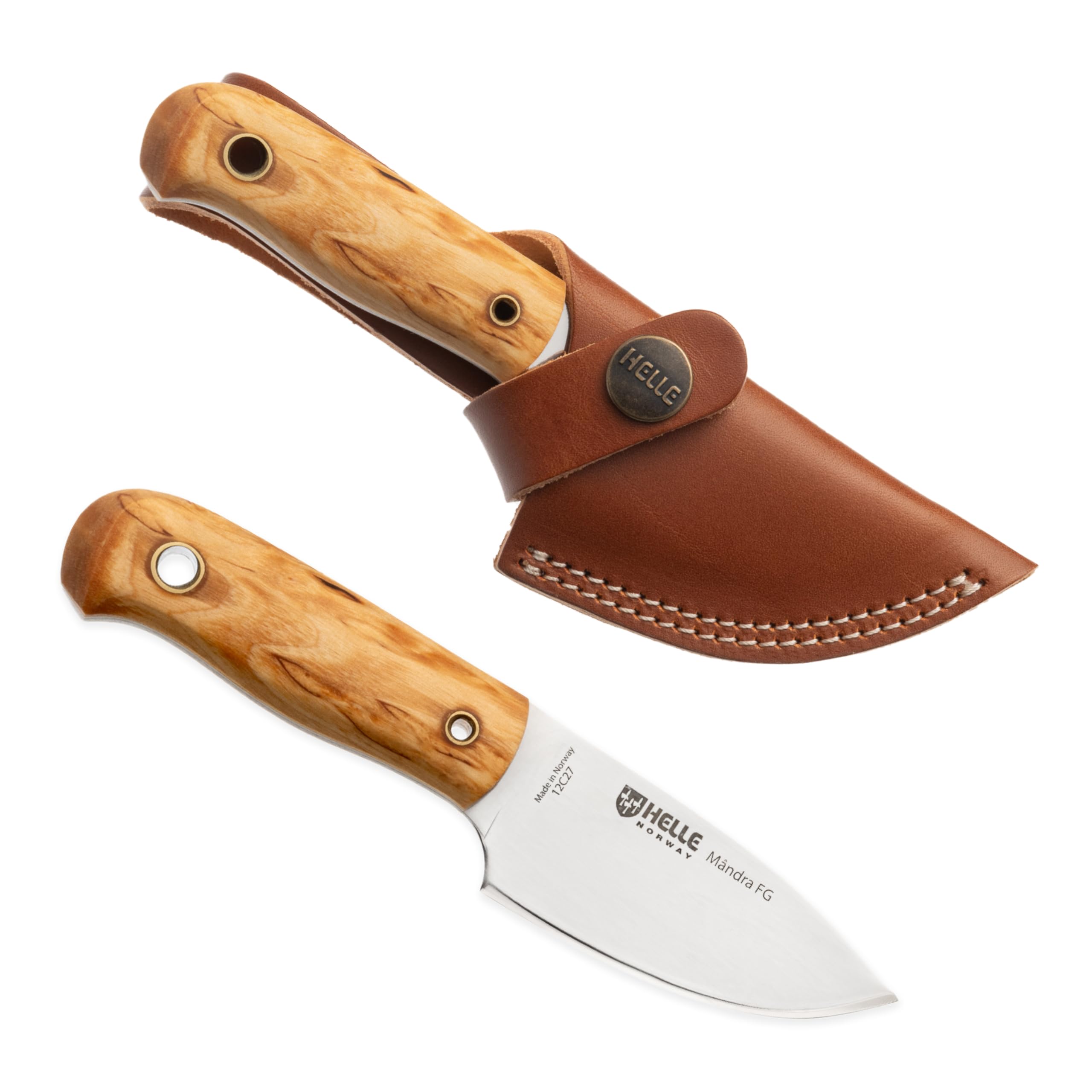 HELLE Knives - Mandra FG - Full Tang Stainless Steel Fixed Blade Hunting & Camping Knife with Sheath | Curly Birch & Vulcan Fiber Handle | Outdoor Survival, Bushcraft & Wilderness Adventures