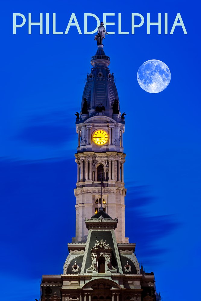Philadelphia Pennsylvania City Hall Full Moon Wall Art Poster - 12x18 Inches Framed Canvas Print for Home & Office Decor - Perfect for Living Room, Bedroom, or Gift