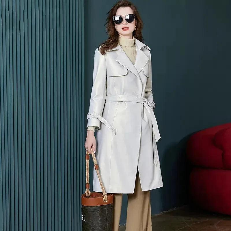 Luxury Women's Genuine Sheepskin Leather Trench Coat - Slim Fit White Belted Windbreaker for Fall & Winter | Office Wear, Business Attire, Formal Outerwear