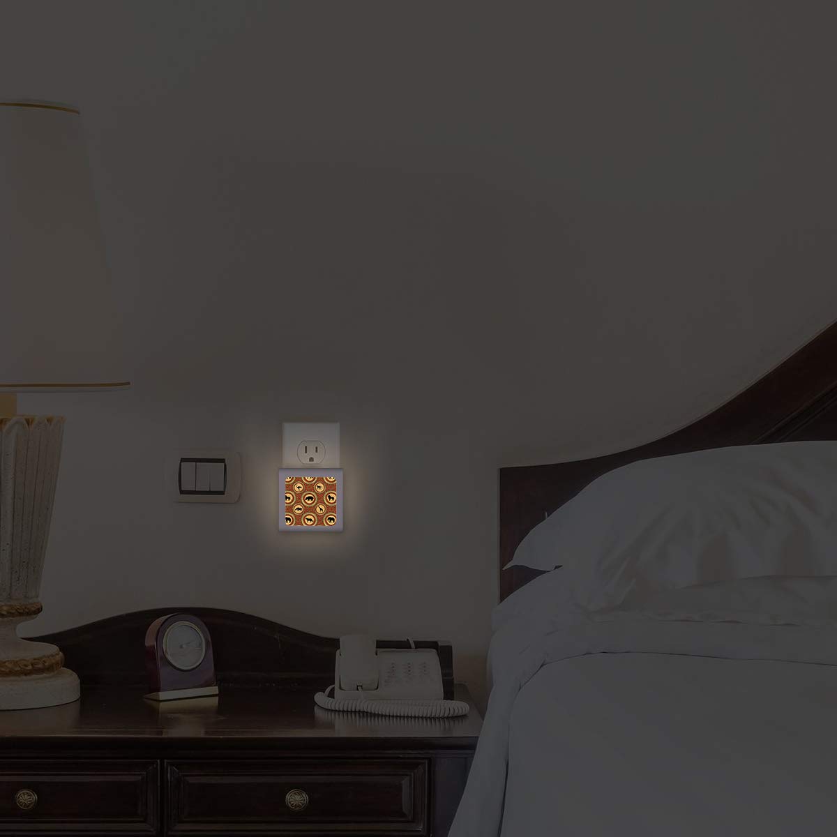 Dimmable LED Night Light with Auto On/Off Sensor - Adjustable Brightness, Warm White Light for Bathroom, Hallway, Nursery & Bedroom - African Animal Circle Design - Perfect for Nighttime Safety & Comfort