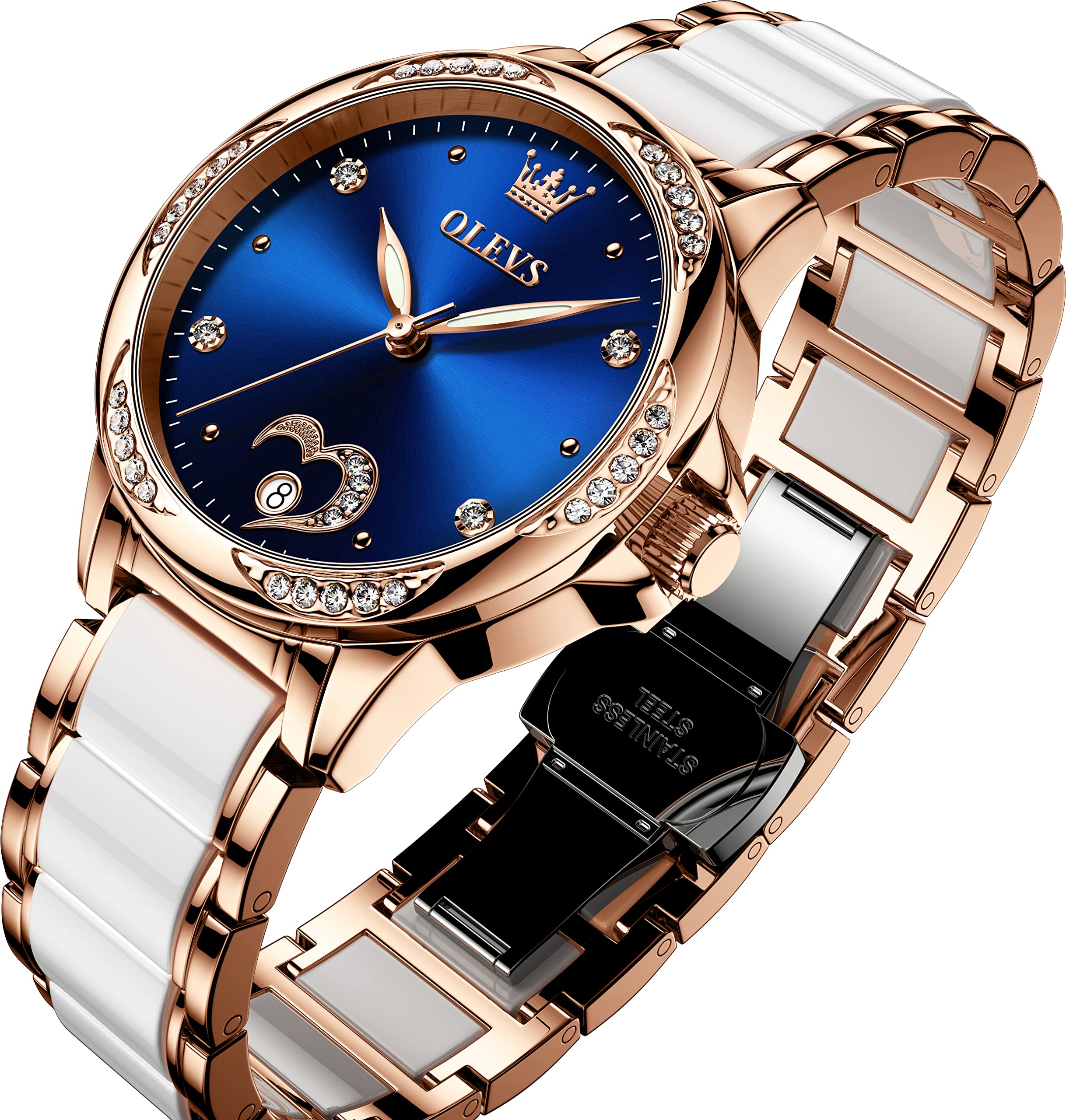 OLEVS Self-Winding Automatic Women's Watch with Diamond Accents - Rose Gold Ceramic Luxury Dress Watch with Heart Date Display | Perfect for Formal Events, Date Nights & Anniversary Gifts