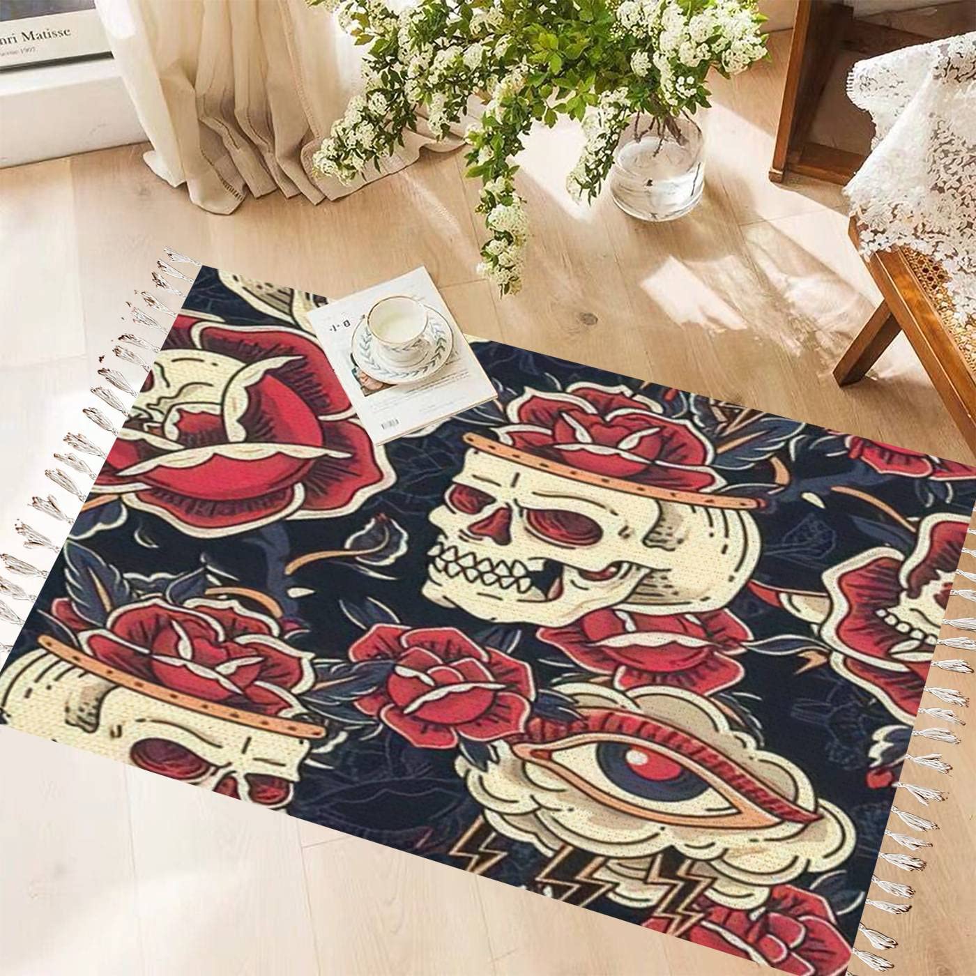 Vintage Cotton & Linen Bohemian Rug with Colorful Skull, Floral & Crying Eye Design - Washable Woven Runner Mat for Kitchen, Bathroom Decor, Outdoor & Boho Living Spaces
