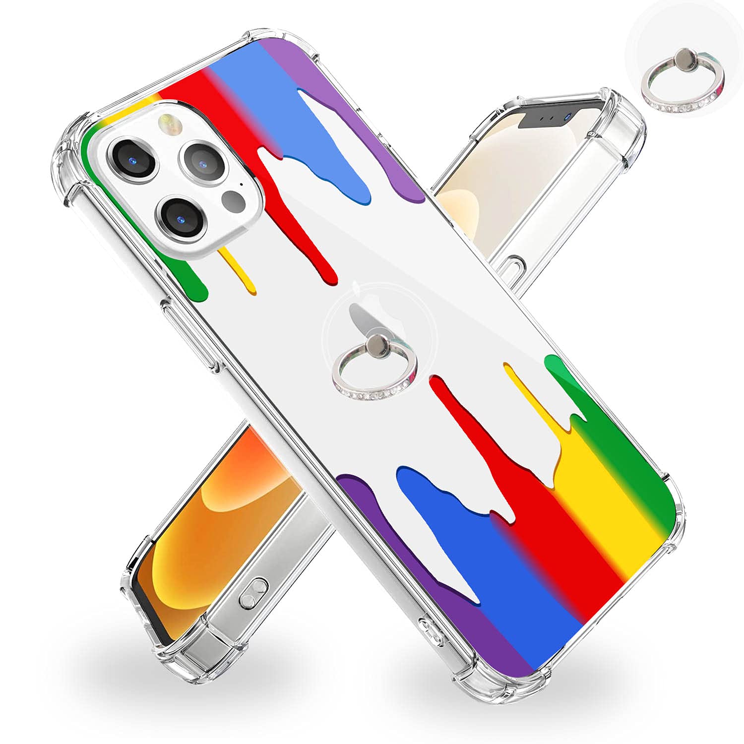 360° Rotating Ring Kickstand Clear Shockproof Slim Fit TPU Cover for iPhone 12 Pro Max 6.7 Inch - Rainbow Flowing Paint Design for Women - Perfect for Work, Travel & Everyday Protection