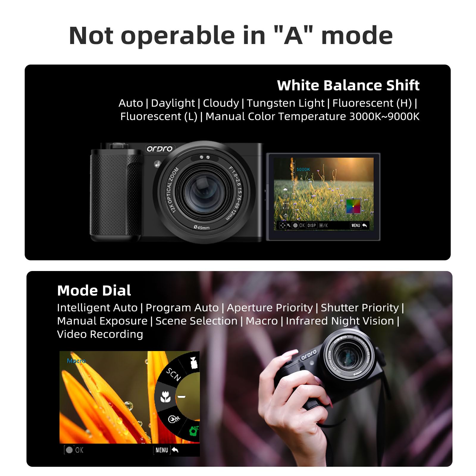 ORDRO 5K Digital Camera for Photography & Vlogging - 64MP 12X Optical Zoom Travel Camera with Flip Screen, External Microphone & Tripod Grip | Perfect for YouTube Content Creation, Travel Photography & Social Media Blogging | Includes 64GB Memory Card
