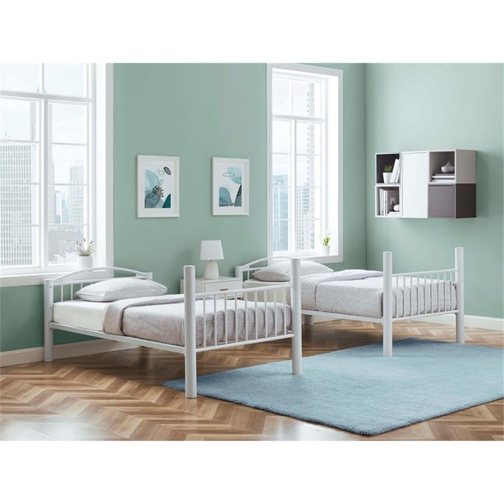 Powell Furniture Linon Heavy Duty Metal Twin Bunk Bed in White - Space-Saving Kids Bedroom Furniture for Siblings or Sleepovers