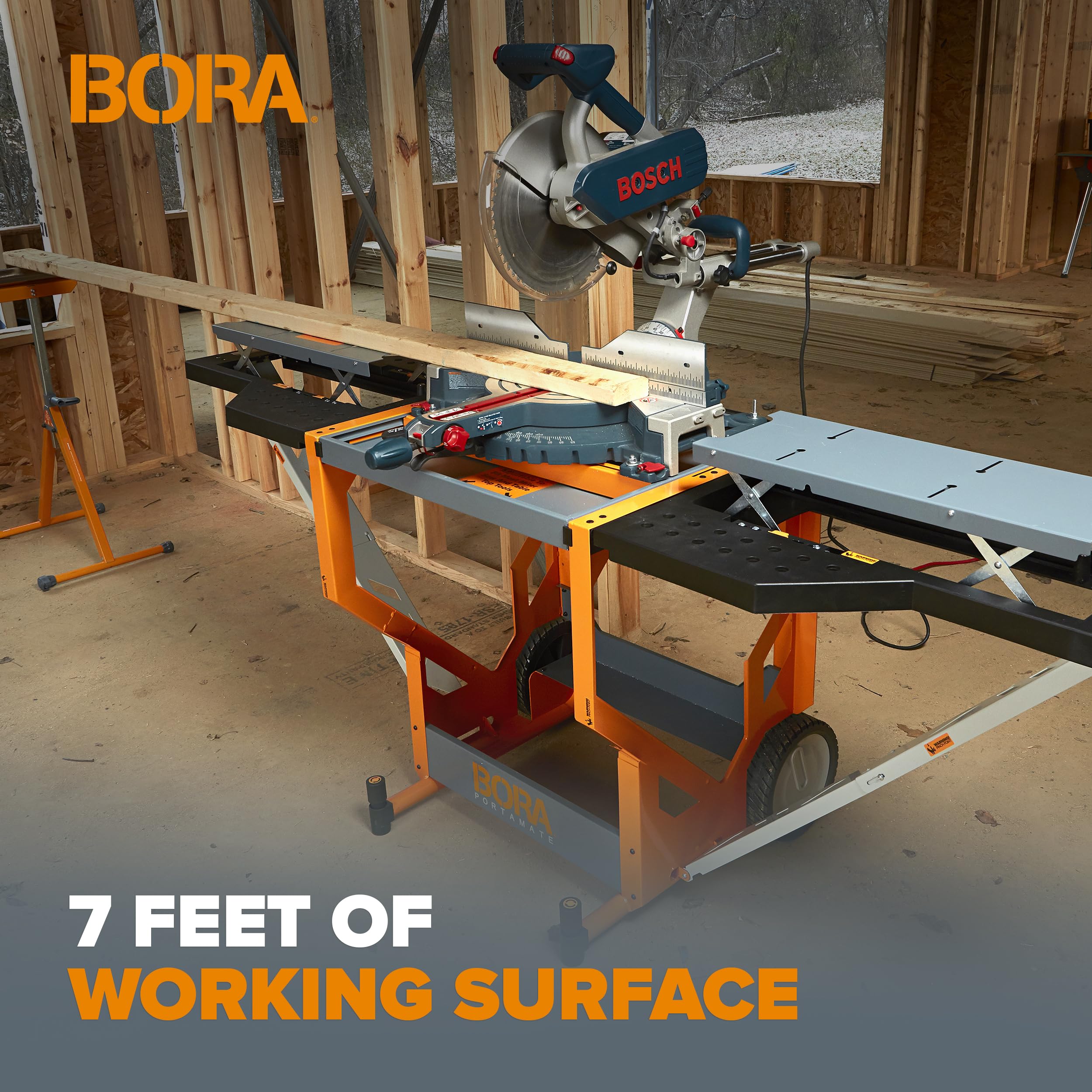Portable Bora Portamate PM-8000 Miter Saw Stand - Heavy Duty 400 Lbs Capacity Rolling Workstation with Folding Wing Extensions | Perfect for Job Sites, Woodworking Shops & DIY Projects