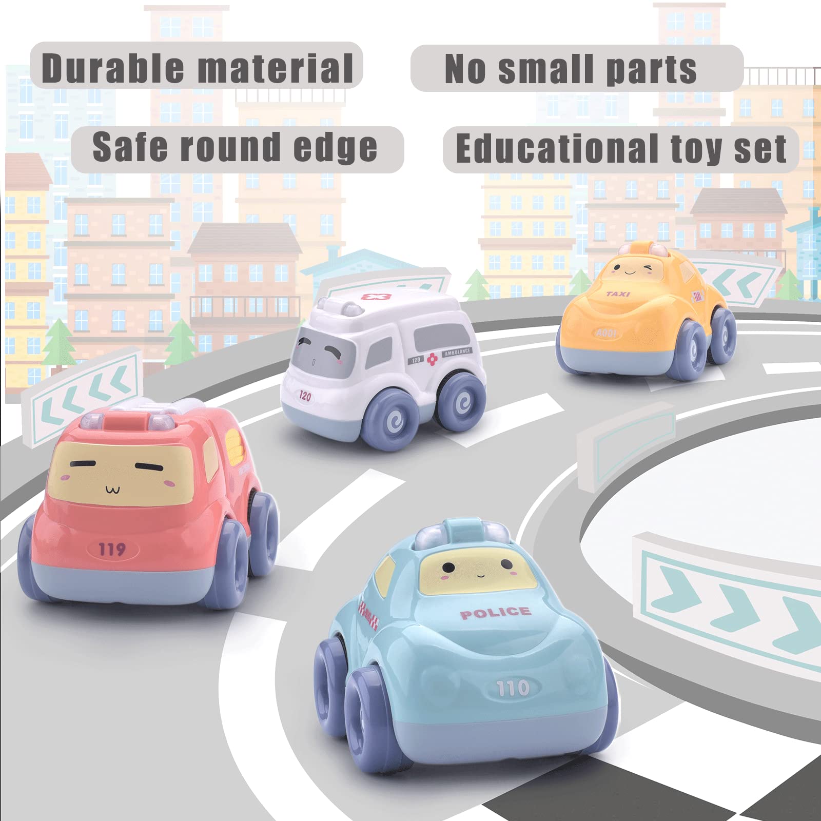 JACKEYLOVE Pull Back Toy Cars for Toddlers 1-3 Years Old - 4PCS Light & Sound Baby Toy Vehicles, First Birthday Gift for Boys & Girls (18-36 Months) - Perfect for Playtime, Learning & Early Childhood Development