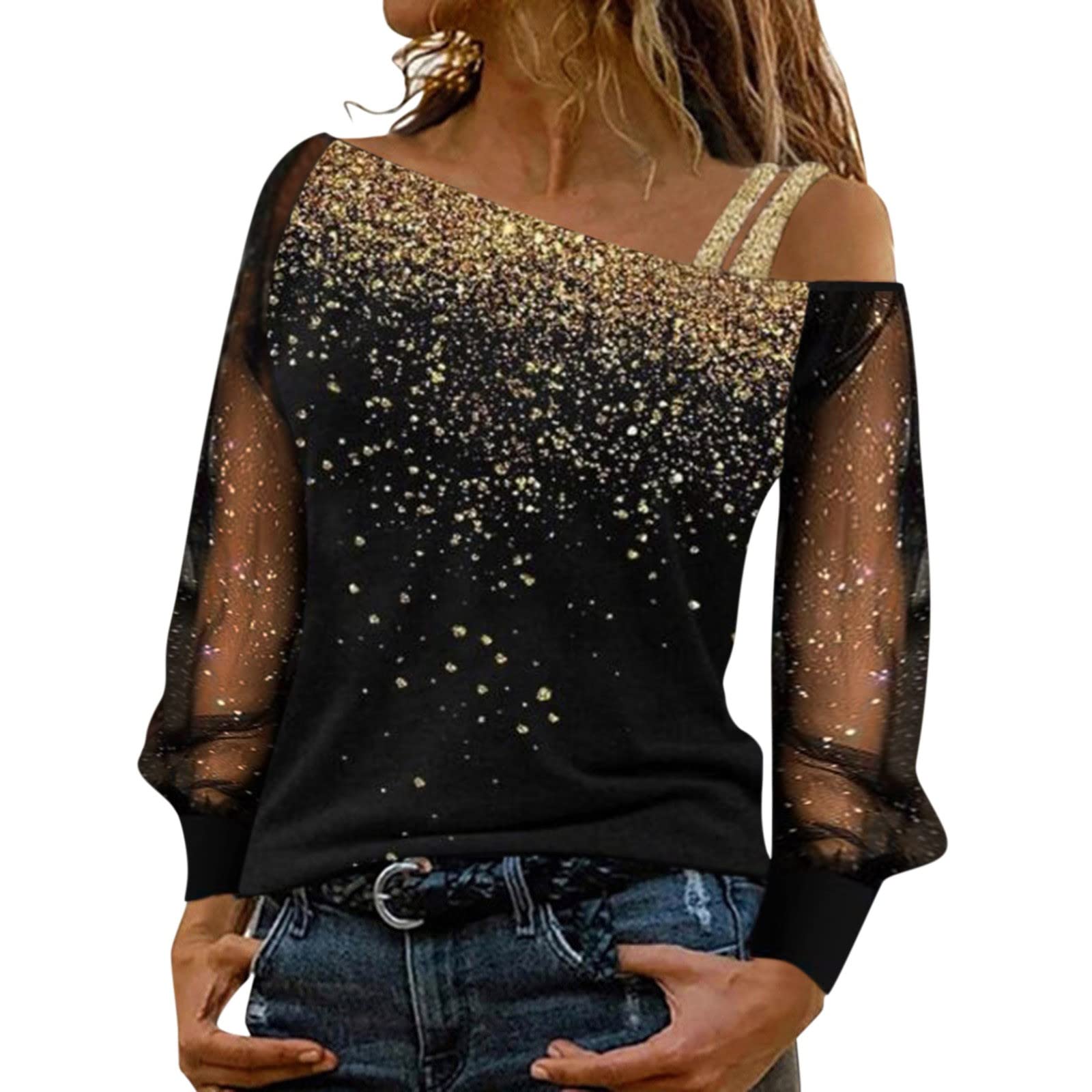 **Women's Sequin Long Mesh Tunic Top for Leggings - Casual Print & Splice Design, Short Sleeve Shirt (Gold, L) | Perfect for Layering, Parties & Everyday Wear**