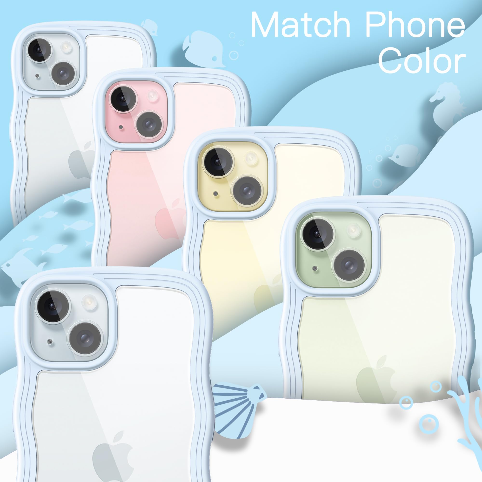JETech Cute iPhone 15 Plus Case 6.7-Inch | Wave Frame Curly Design Shockproof Clear Hard PC Back Cover | Trendy Protective Phone Case for Women & Girls | Perfect for Everyday Use, Work & Travel (Blue)