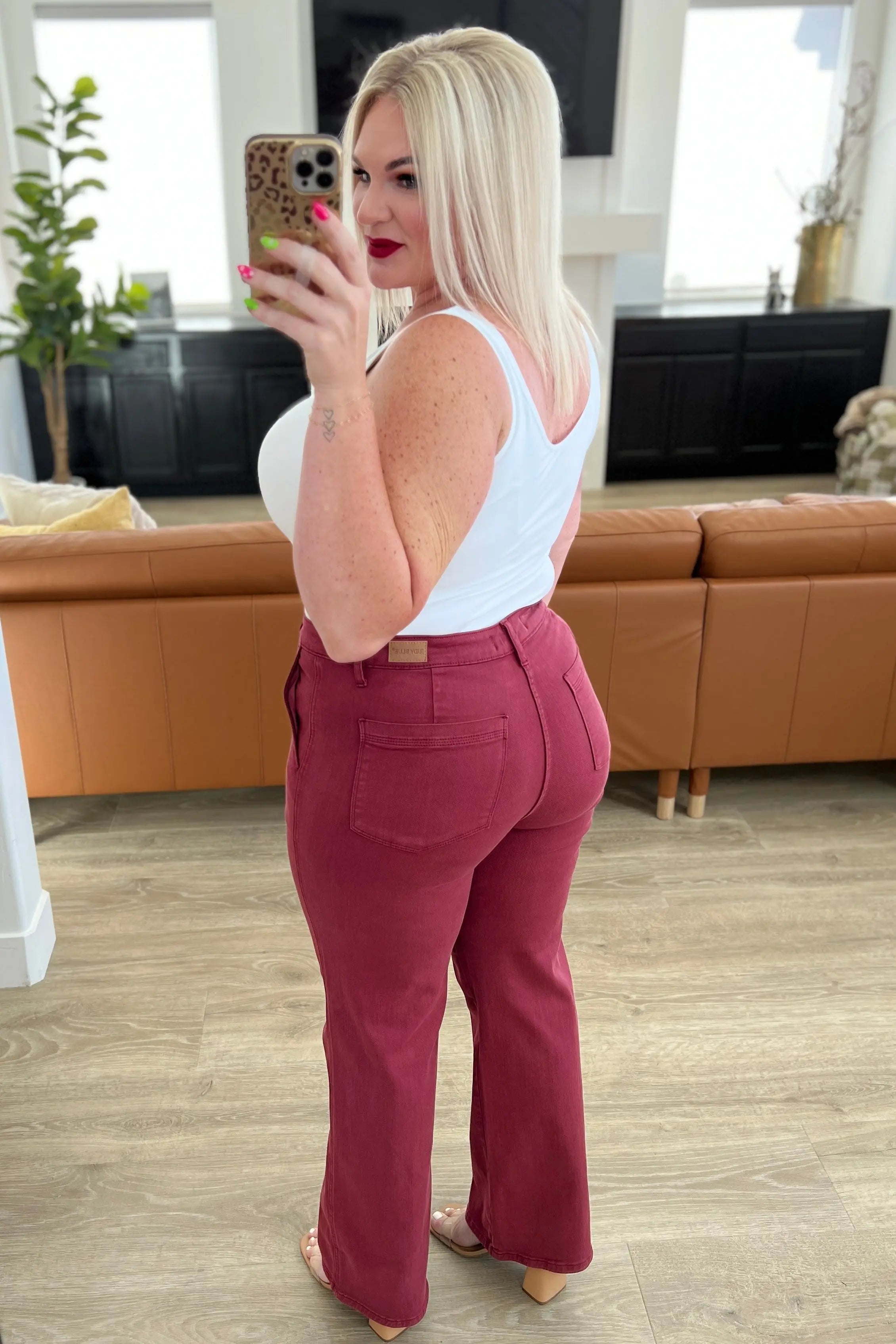 Phoebe High Rise Front Seam Straight Jeans in Burgundy - Women's Slim Fit Stretch Denim Pants for Casual Wear & Everyday Outfits