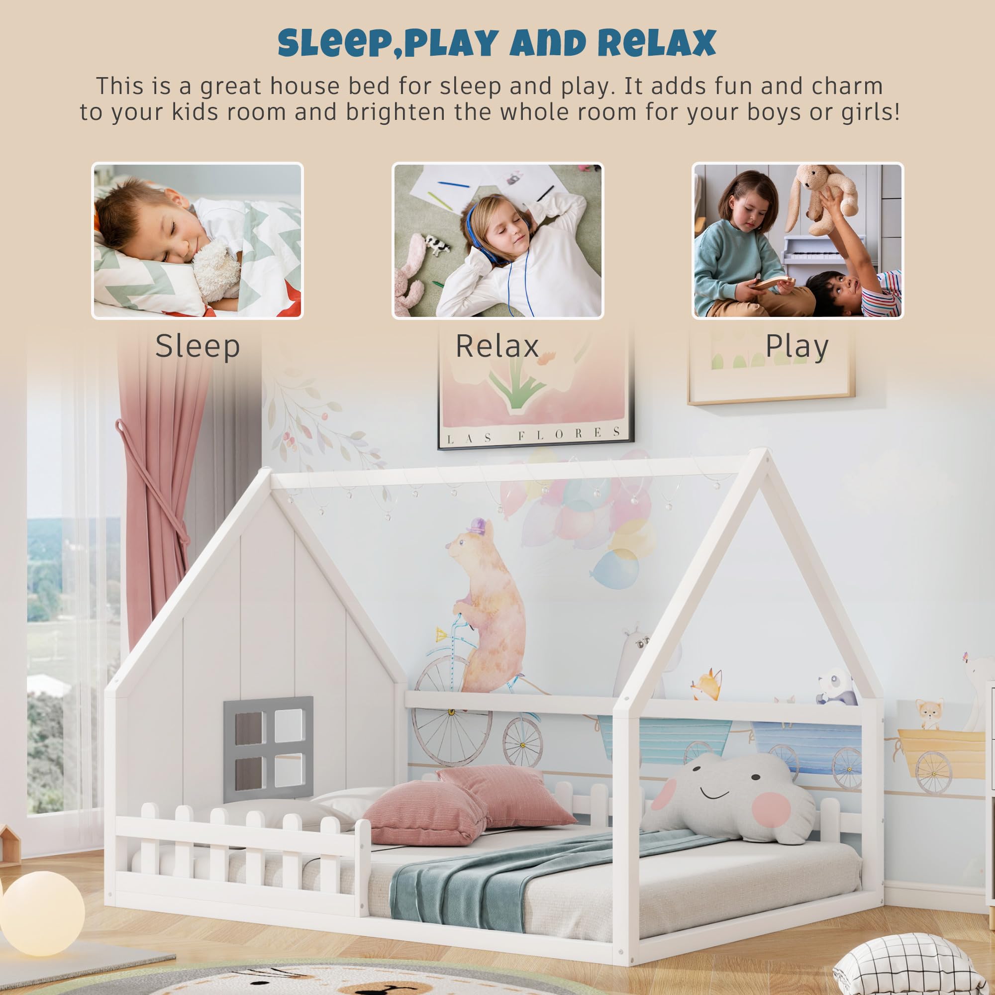 Merax Full Size Wooden Montessori Floor Bed for Kids with LED Lights, Safety Fence & Window - Toddler Bed Frame for Boys & Girls in White - Perfect for Montessori Bedrooms, Playrooms & Safe Sleep Spaces
