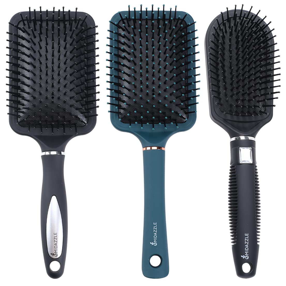 Midazzle Premium Paddle Hair Brush Set for Men & Women - 3 Pack Detangling & Styling Brush for All Hair Types (HB10-17-18) - Perfect for Home, Salon & Travel Use