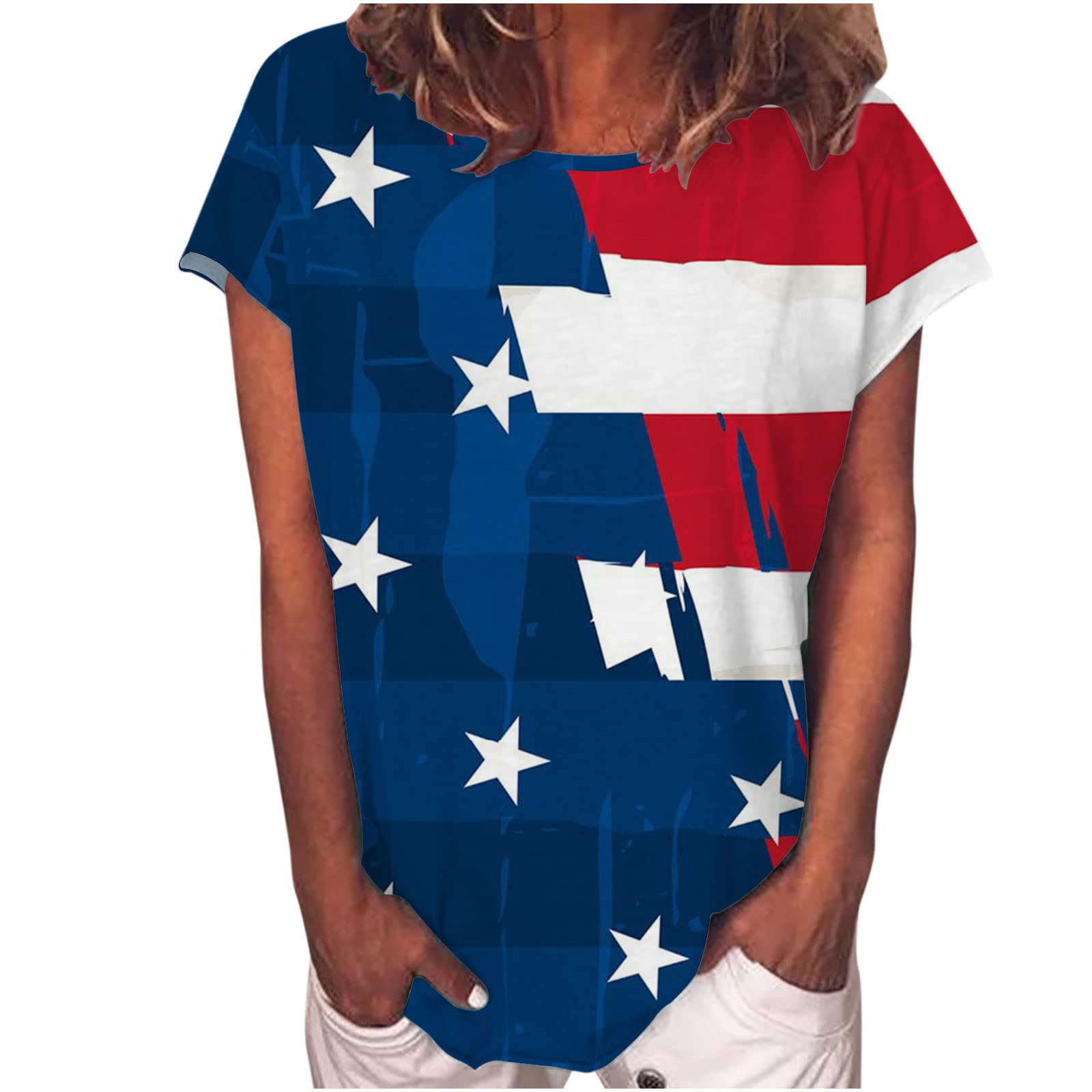 Women's 4th of July American Flag T-Shirt - Red White Blue Star Stripe Short Sleeve Crewneck Summer Top | Patriotic Holiday Outfit & Casual Wear