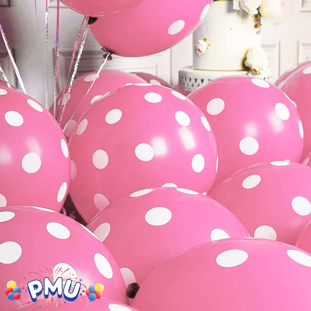 Premium 11 Inch Pink Polka Dot Balloons with White Dots - Pack of 50 for Birthday Parties, Baby Showers & Wedding Decorations | PMU PartyTex All-Over Print Balloons