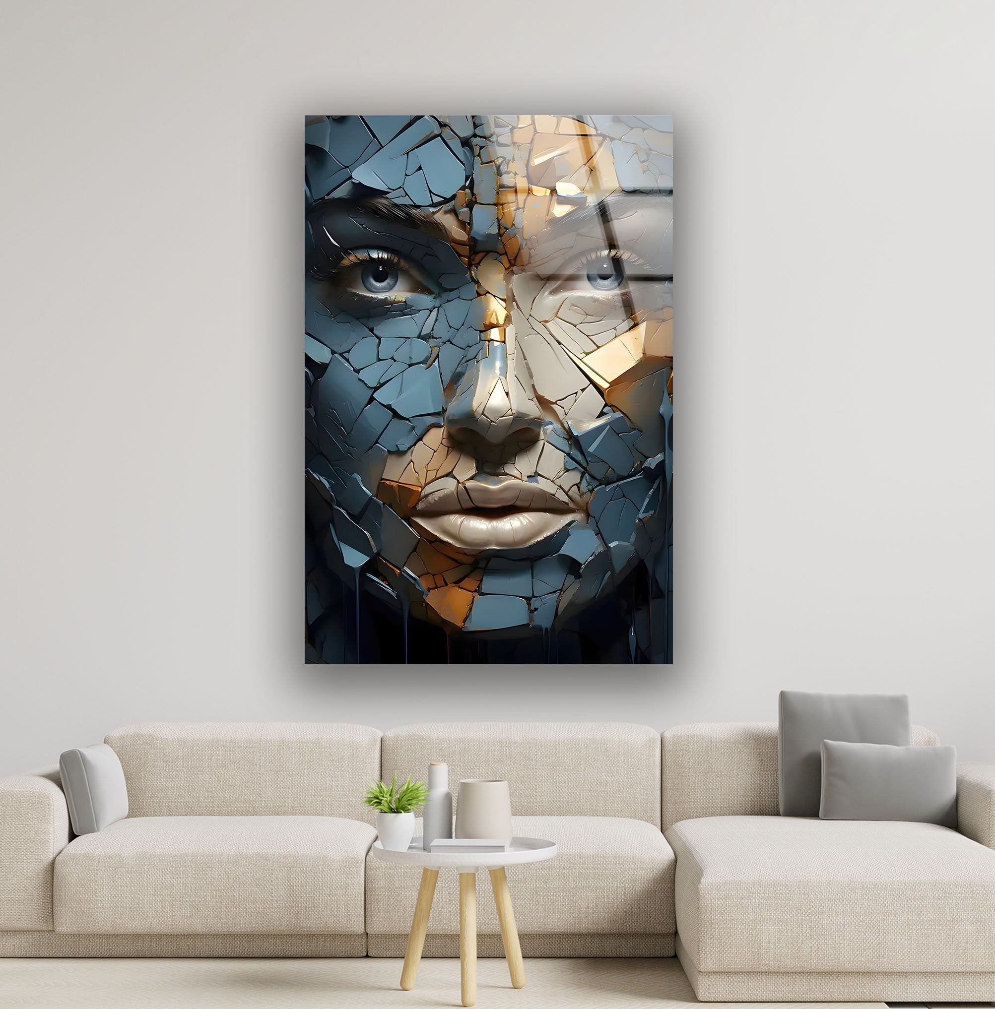 Blue Cracked Design Woman Glass Wall Art - Elegant Home Decor for Living Room, Bedroom & Office - Perfect Gift Idea