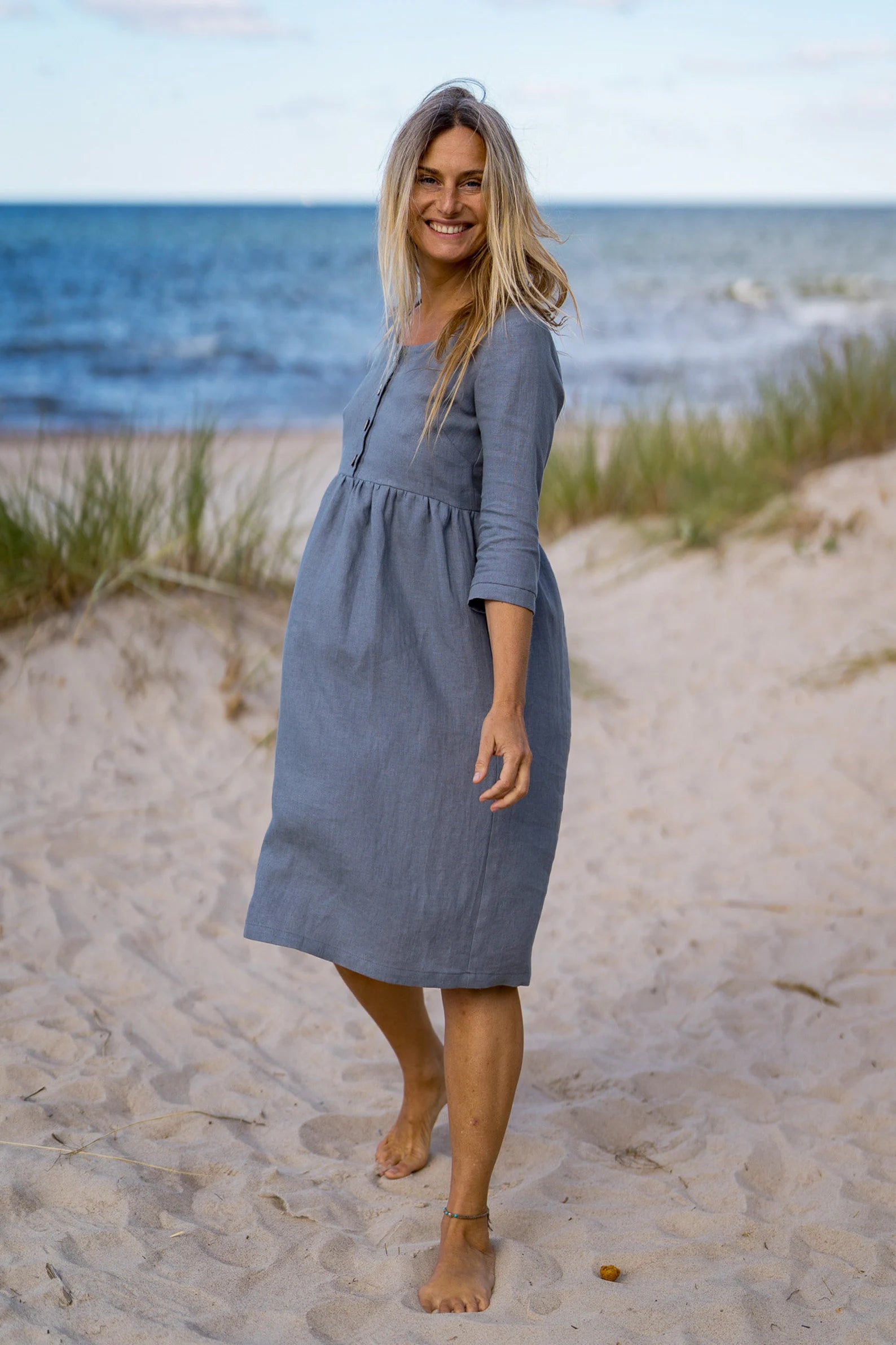 BARBARA Grey Linen Maternity Dress with 3/4 Sleeves - Comfortable Pregnancy Outfit for Casual Wear & Summer Maternity Photos