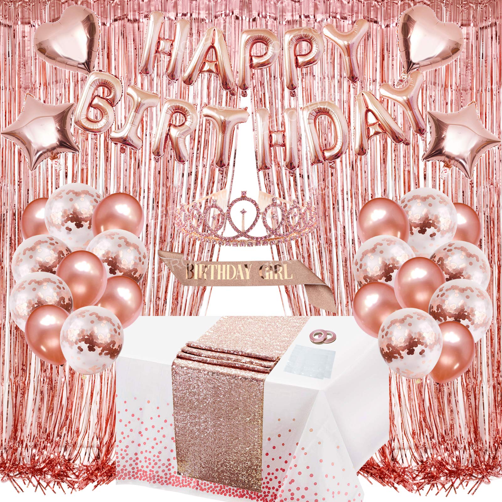 ZERODECO Rose Gold Birthday Party Decorations Set - Happy Birthday Banner, Glitter Table Runner, Queen Tiara, Fringe Curtains & Foil Confetti Balloons for Women & Girls | Perfect for Birthday Parties, Bridal Showers & Special Celebrations