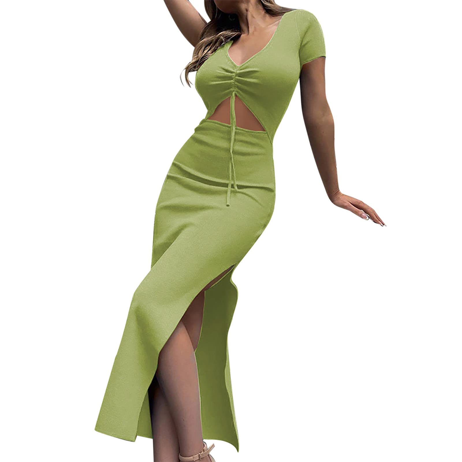 Sexy Summer Maxi Dresses for Women 2023 - Beach Cover Up Dress with Deep V Neck, Short Sleeves & Hollow Out Design, Slim Fit Ruched Drawstring Casual Sundress (Green, XXL) - Perfect for Beach Vacations, Pool Parties & Summer Date Nights