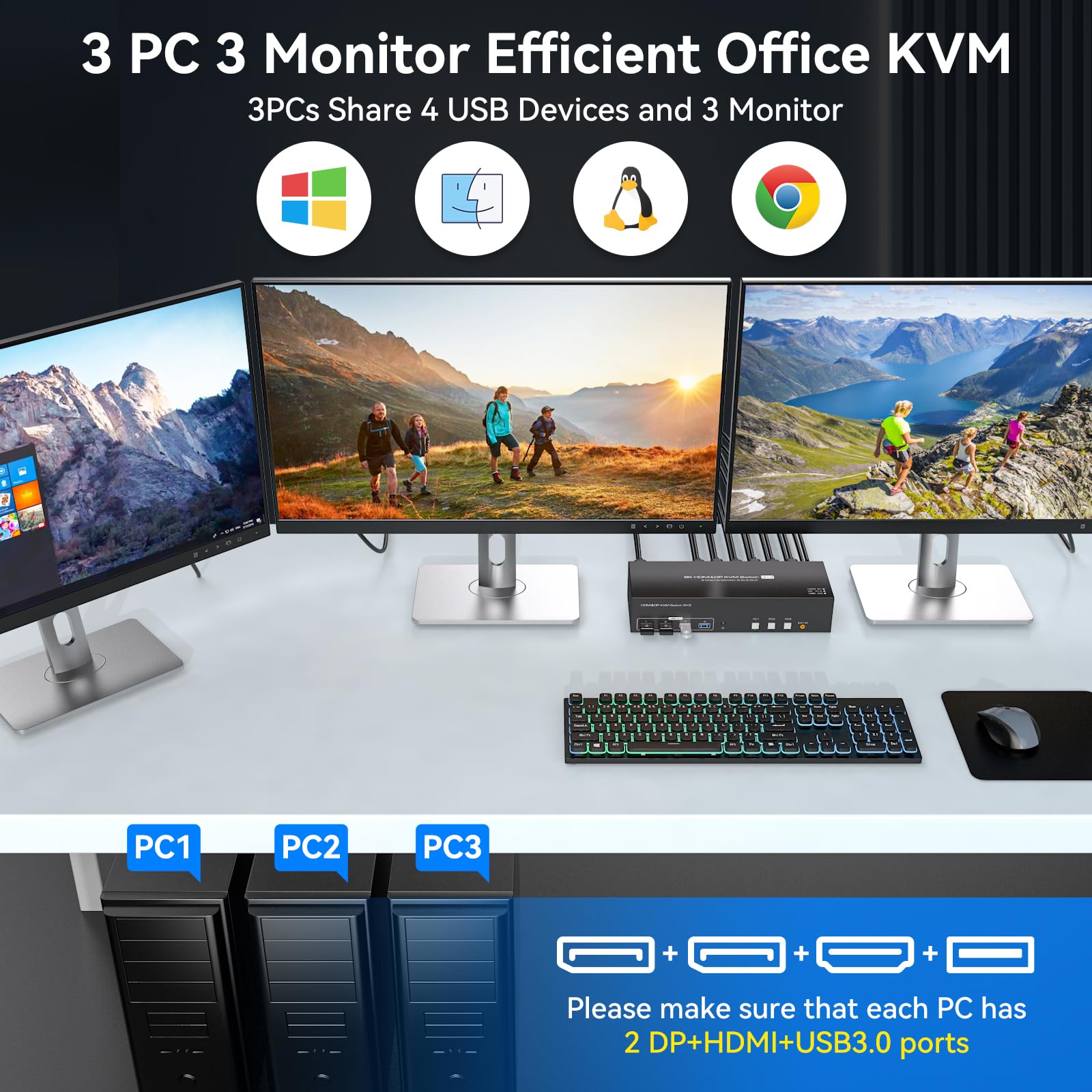 PVBCTCSID 8K 2 DisplayPort HDMI KVM Switch - 3 Monitors for 3 Computers, 4K 144Hz Triple Monitor KVM for 3 PCs, Share 3 Screens with 4 USB 3.0 Ports & Remote Control - Perfect for Gaming, Office Work & Multi-Tasking